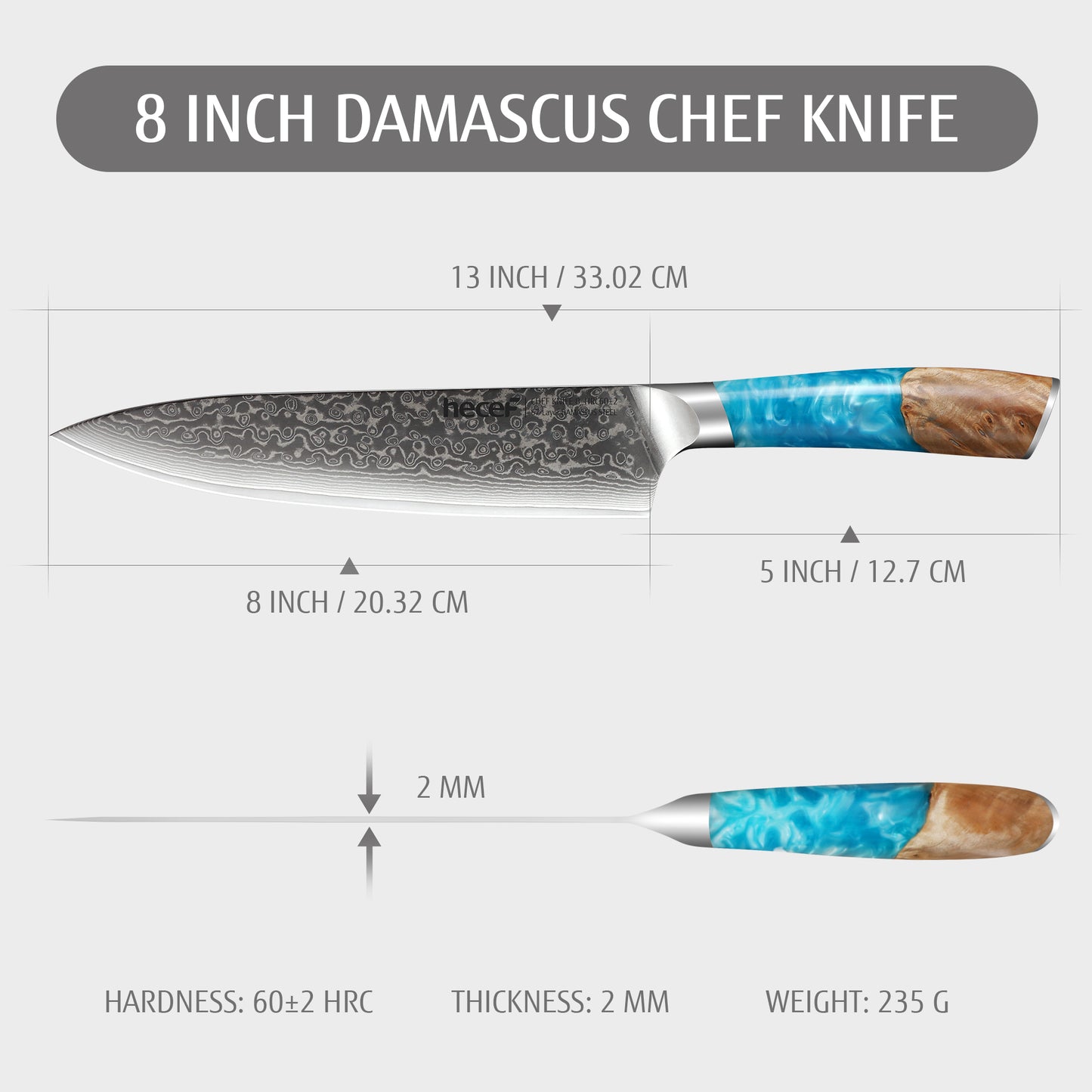 Hecef Japanese Damascus Chef Knife 8 inch/ 20 cm Razor Sharp Professional Chef Cooking Knife 67 Layers Damascus VG10 Steel - Hecef Kitchen