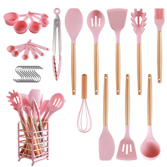 Pink and Gold Kitchen Utensils Set with Holder