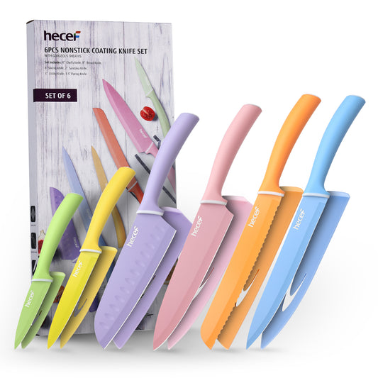 hecef Colorful Knife Set, 6 Pieces Kitchen Knife Set with Covers, Stainless Steel Colour Coded Non-Stick Cooking Knife Set Including Paring, Utility, Bread, Carving, Santoku & Chef Knife - Hecef Kitchen