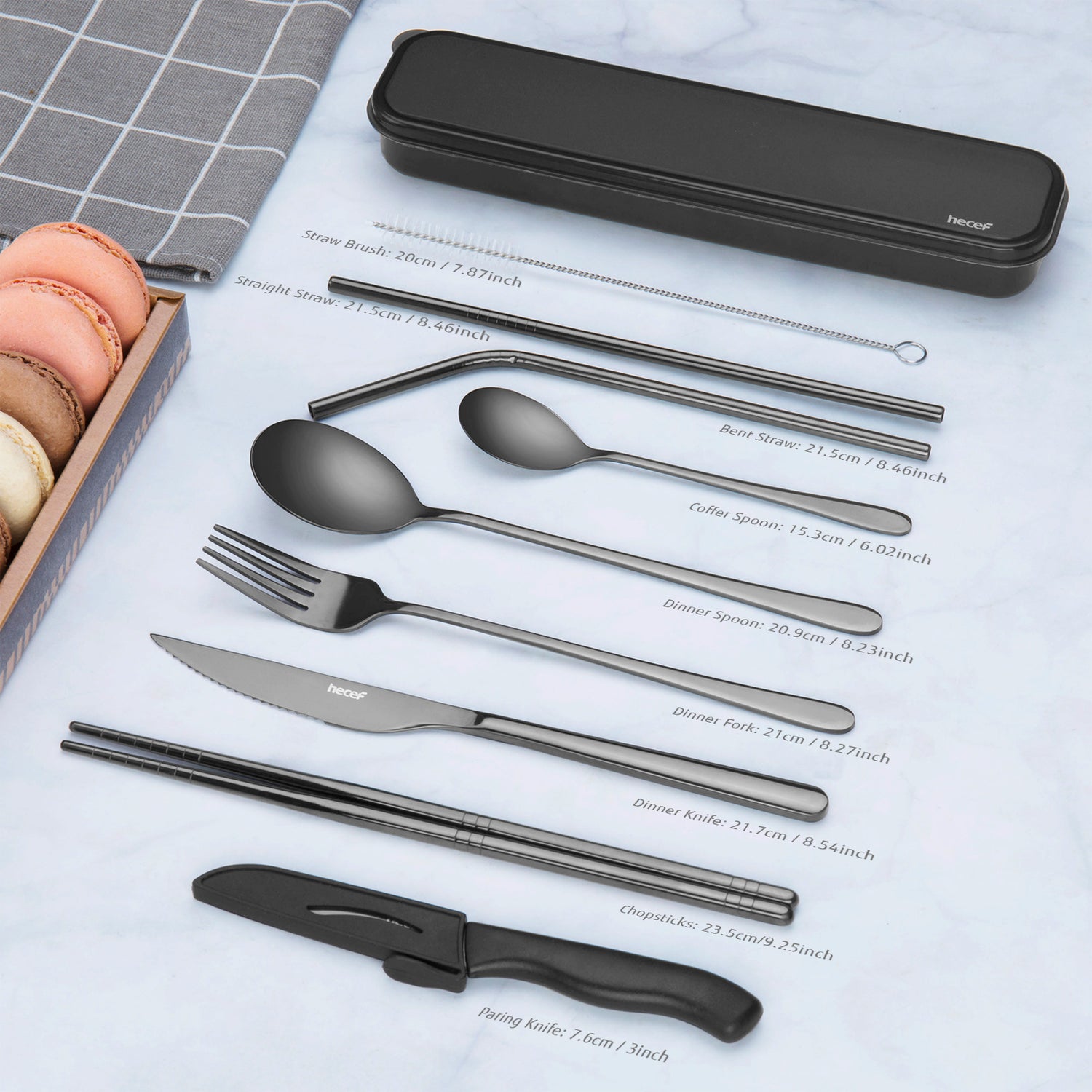 hecef 11 PCS Black Titanium Plating Travel Cutlery Set with Compact Carrying Box& Bag, Reusable Stainless Steel Utensils, Handy Flatware Set for Work, School, Camping and Travel (Black) - Hecef Kitchen