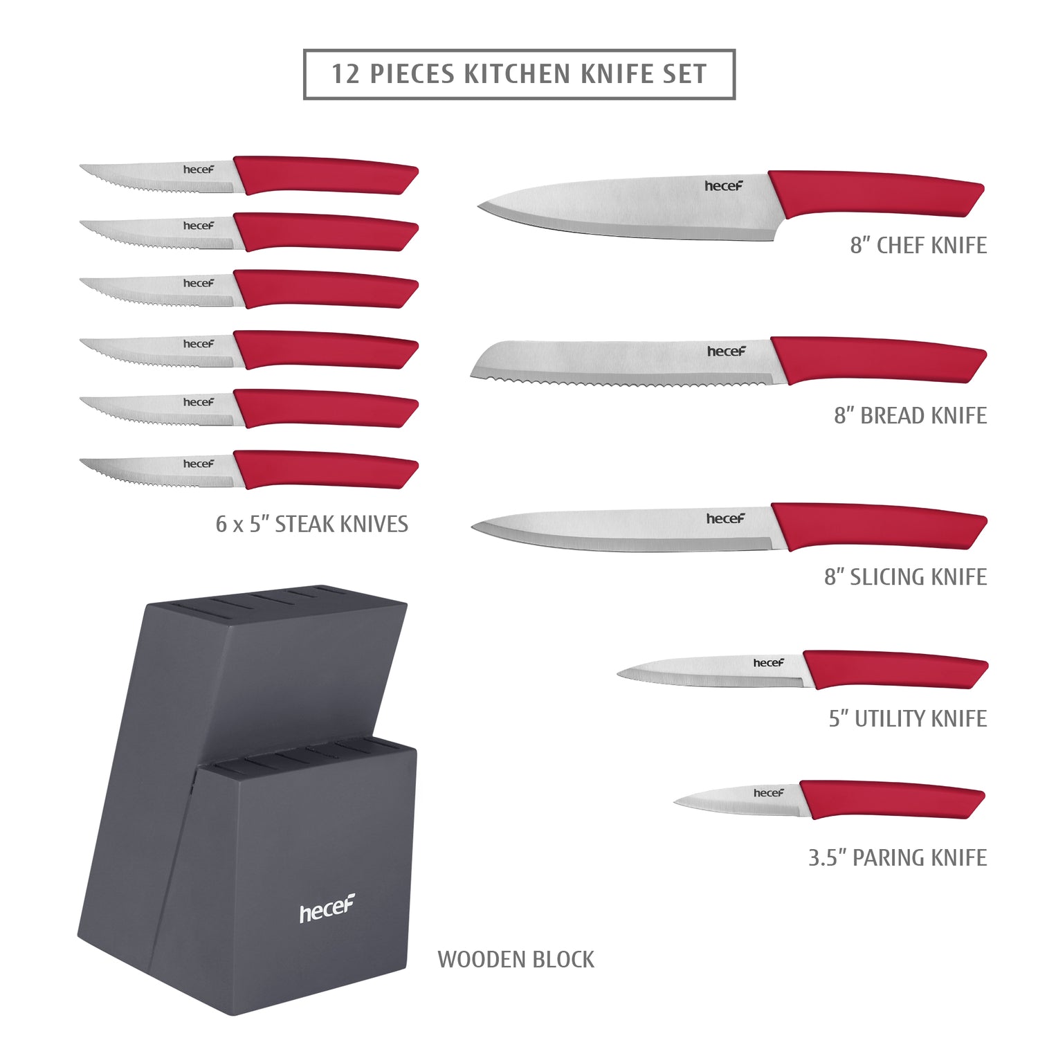 Hecef 12 Pieces Kitchen Knife Block Set,Knife Set with Wooden Block & Steak Knives Set, Lightweight and Strong High Carbon Stainless Steel Cutlery Set, Extended Handle Design - Hecef Kitchen