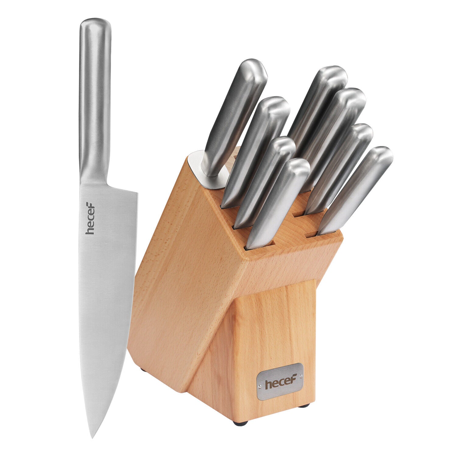 Hecef Block Knife Set, 10 Piece Kitchen Knife Set with Wooden Block & Sharpening Bar, Stainless Steel Chef Knife Set with Steak Knives - Hecef Kitchen