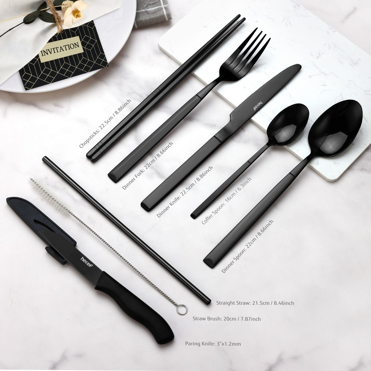 Hecef 11 PCS Black Titanium Plating Portable Utensils, Reusable Travel –  Hecef Kitchen