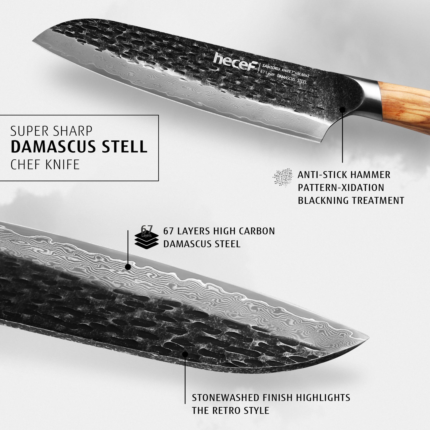 Hecef 8" Professional Damascus Ultra Sharp Japanese Chef Knife with Ergonomic Olive Wood Handle, High Carbon Stainless Steel Kitchen Cooking Knife, Elegant Gift Box - Hecef Kitchen
