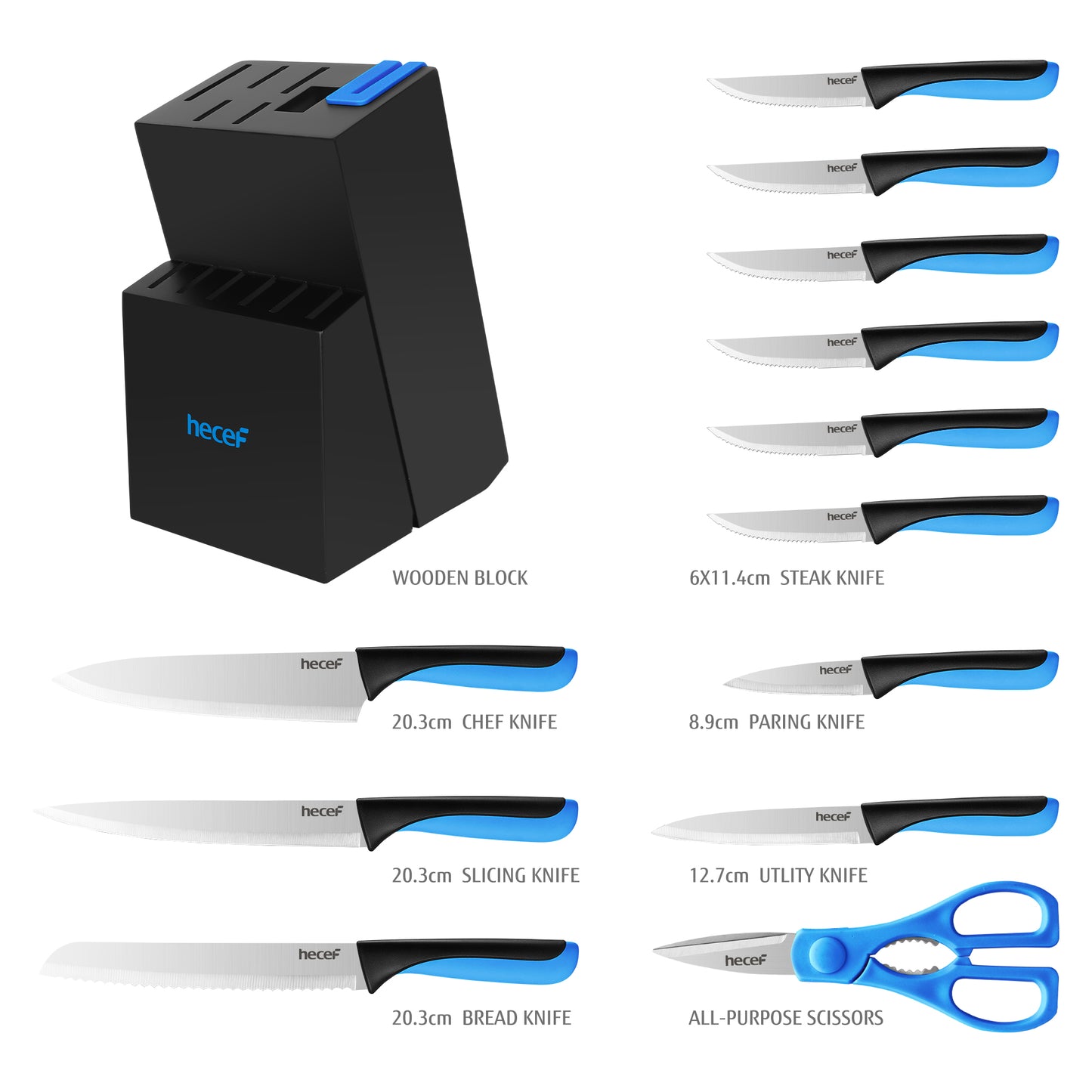 hecef knife block with knife, 13-piece kitchen knife set with wooden block and built-in sharpener, professional knife set with steak knives and kitchen scissors, etc - Hecef Kitchen