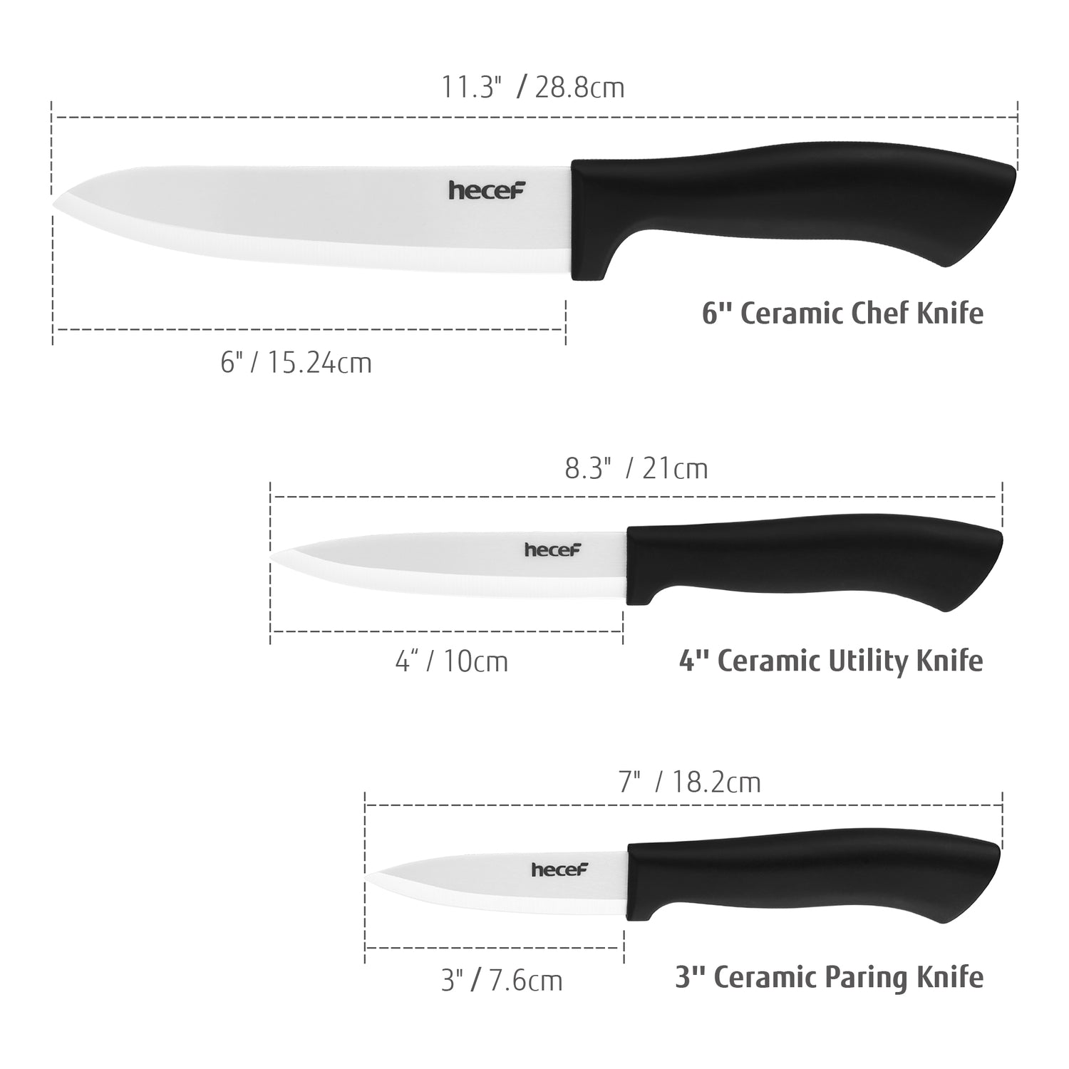 Hecef 3 PCS White Ceremic Chef's Knife,Utility Knife, Fruit Paring Knife - Hecef Kitchen