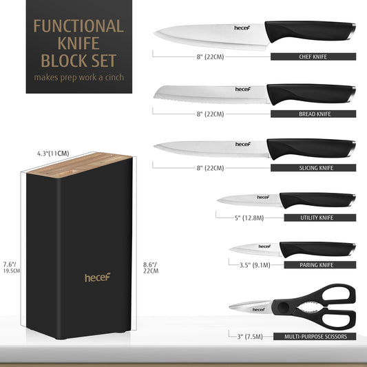 Hecef 7-Piece Black Knife Set with Wooden Block, Carbon Steel Chef, Slicing, Bread, Utility, Paring Knife, Kitchen Scissors - Hecef Kitchen