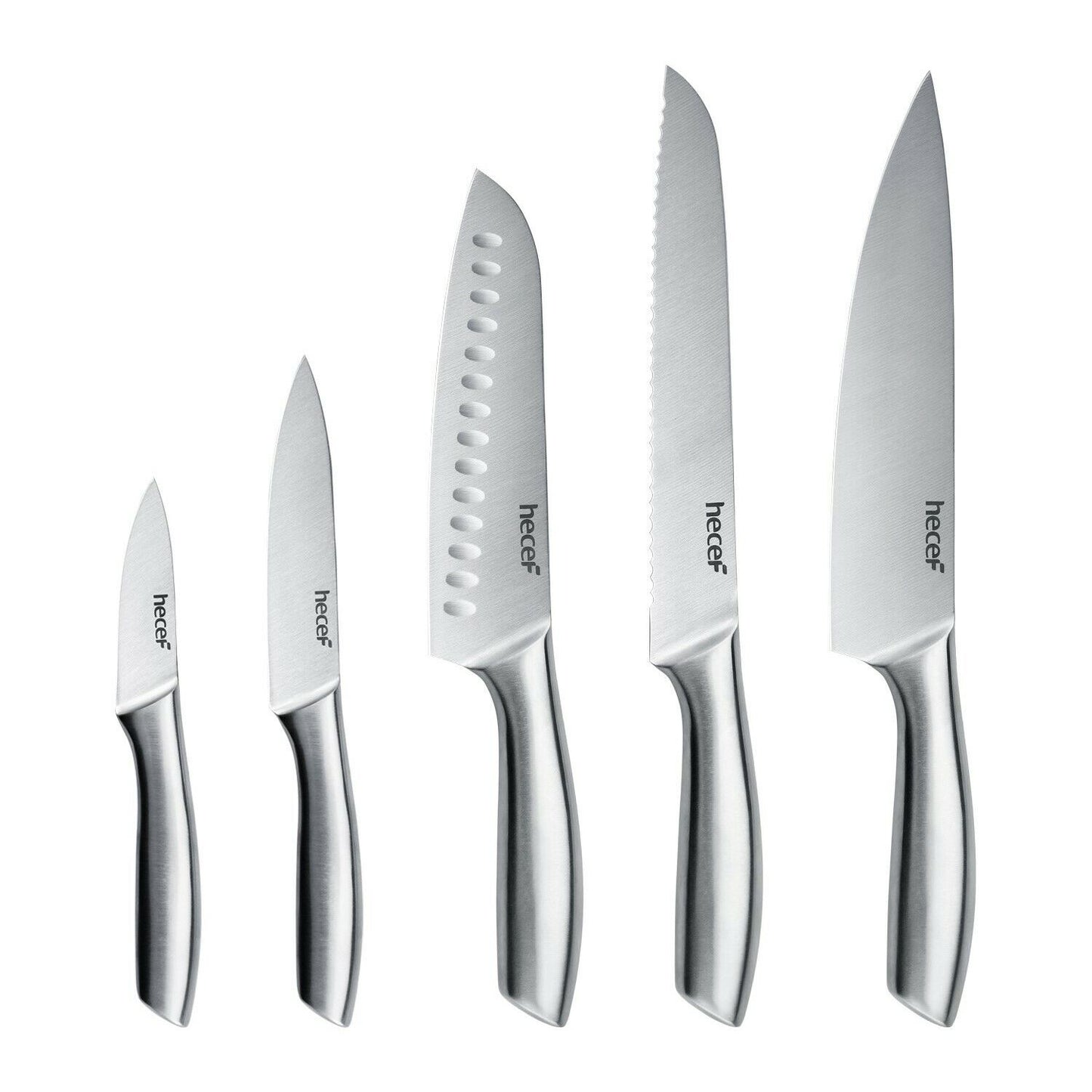 Hecef Silver Kitchen knife set of 5, Satin Finish Blade with Hollow Handle, includes 8" Chef, 8"Bread, 8"Santoku, 5"Utility and 3.5"paring knife - Hecef Kitchen