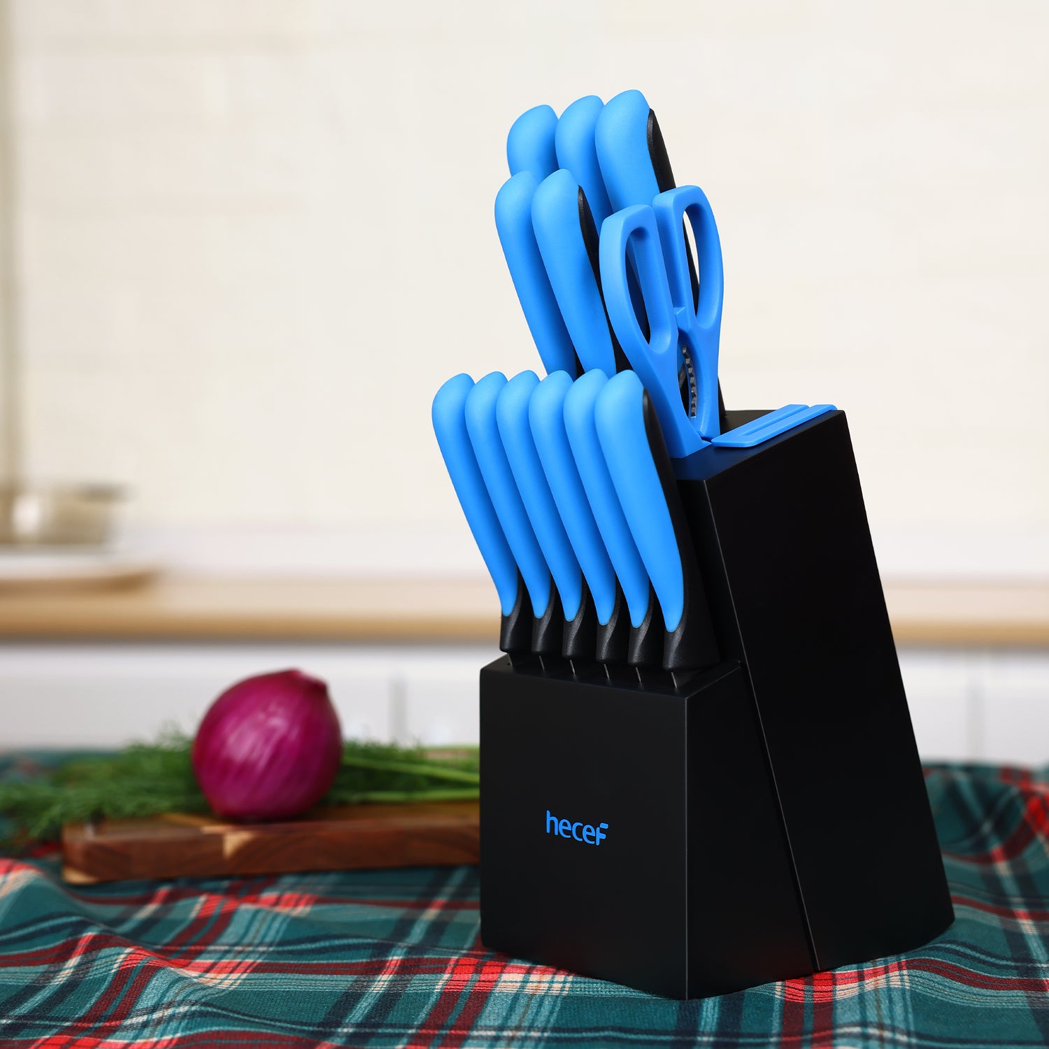 hecef knife block with knife, 13-piece kitchen knife set with wooden block and built-in sharpener, professional knife set with steak knives and kitchen scissors, etc - Hecef Kitchen