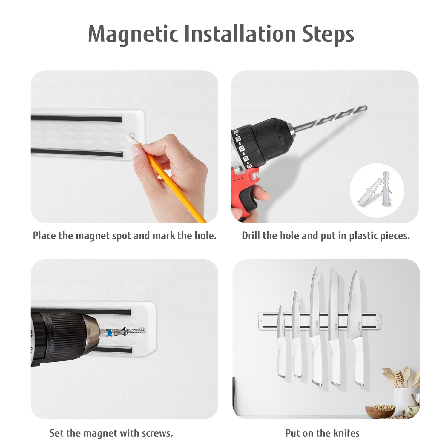 Diamosteel 5 PCS Kitchen Knife Set with Magnetic Knife Strip for Wall - Hecef Kitchen