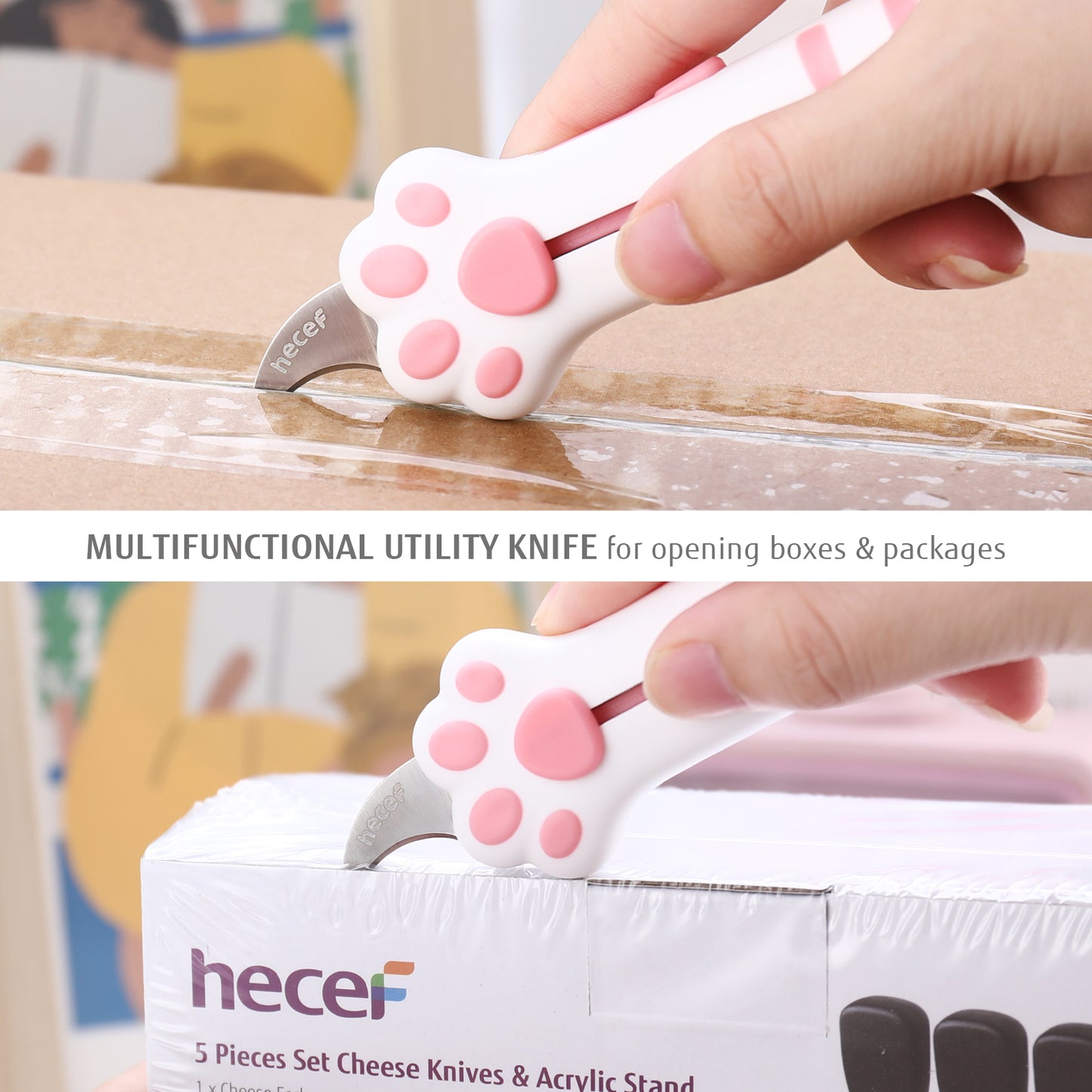 Hecef Cutter Knife Pack of 3, Retractable Box Opener with German Steel Blade and Cat Paw Handle, Multifunctional Utility Knife for Opening Box, Envelope, Letters and Vouchers - Hecef Kitchen