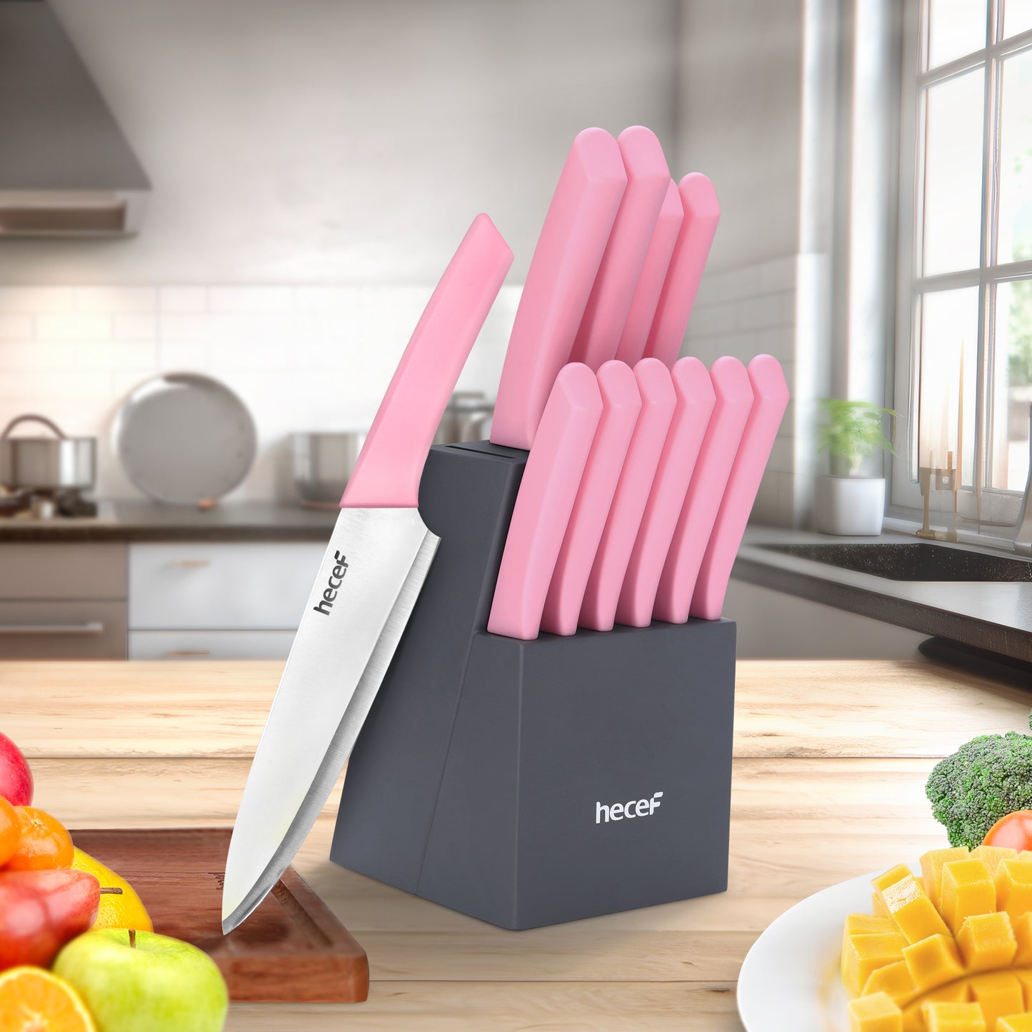 Hecef 12 Pieces Kitchen Knife Block Set,Knife Set with Wooden Block & Steak Knives Set, Lightweight and Strong High Carbon Stainless Steel Cutlery Set, Extended Handle Design - Hecef Kitchen