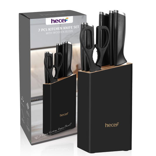 Hecef 7-Piece Black Knife Set with Wooden Block, Carbon Steel Chef, Slicing, Bread, Utility, Paring Knife, Kitchen Scissors - Hecef Kitchen