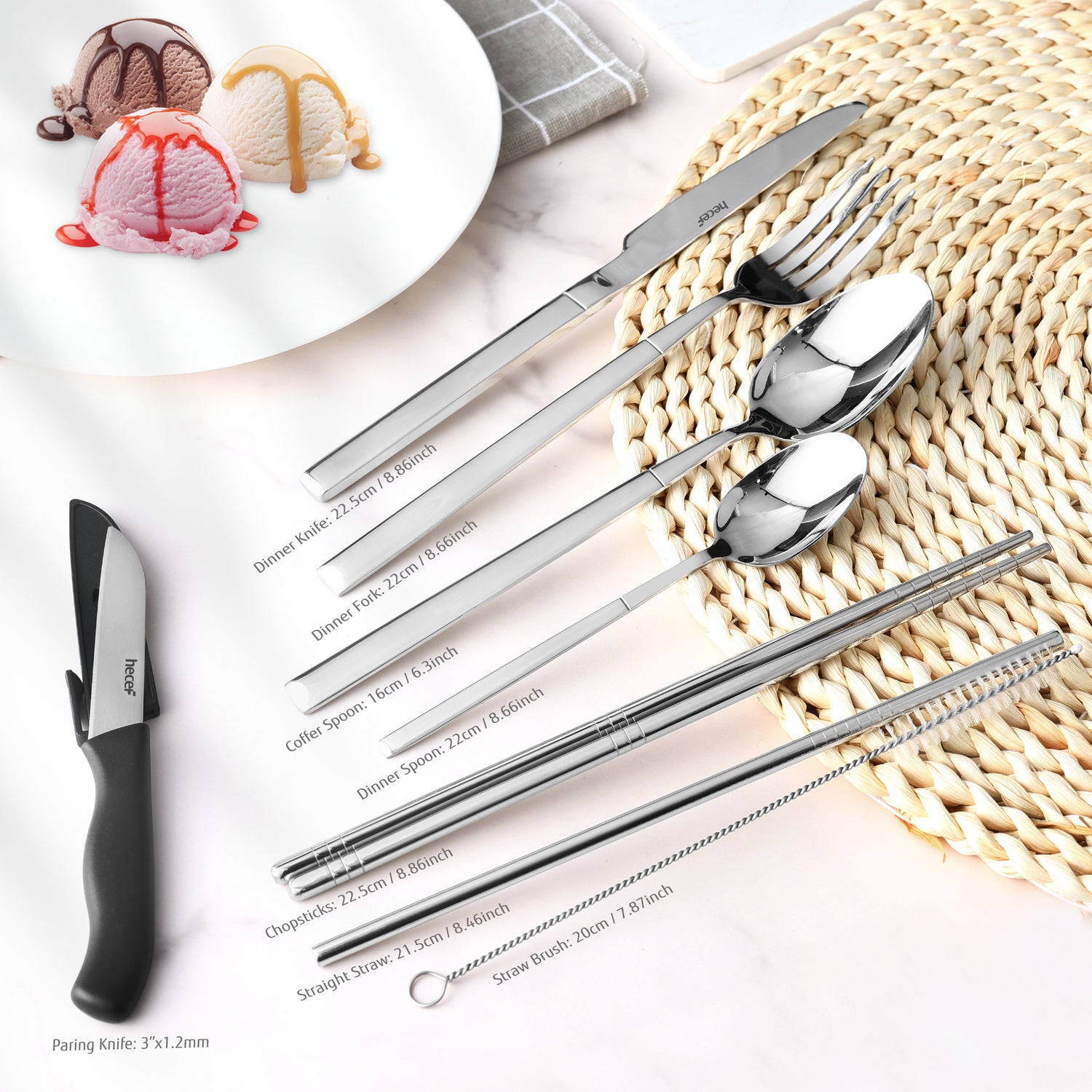 Hecef 9 Pieces Camping Cutlery Set with Compact Carrying Case, Reusable 18/0 Stainless Steel Utensils, Handy Flatware Set for Work, School, Camping and Travel - Hecef Kitchen