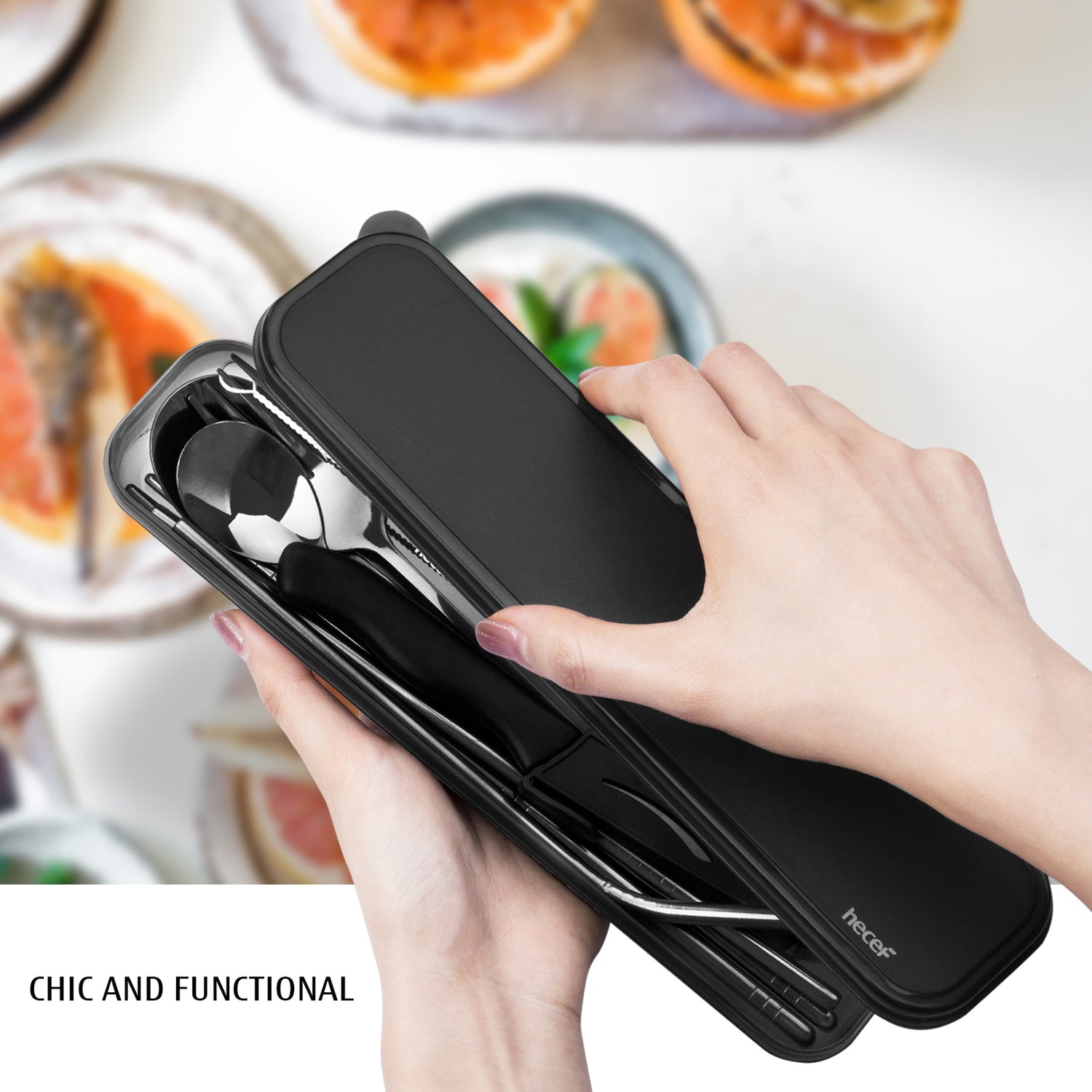 hecef 11 PCS Black Titanium Plating Travel Cutlery Set with Compact Carrying Box& Bag, Reusable Stainless Steel Utensils, Handy Flatware Set for Work, School, Camping and Travel (Black) - Hecef Kitchen
