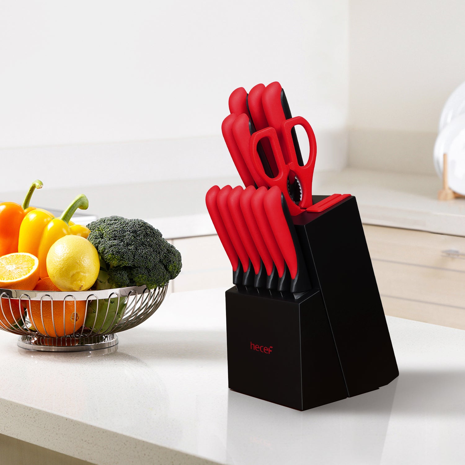 hecef knife block with knife, 13-piece kitchen knife set with wooden block and built-in sharpener, professional knife set with steak knives and kitchen scissors, etc - Hecef Kitchen