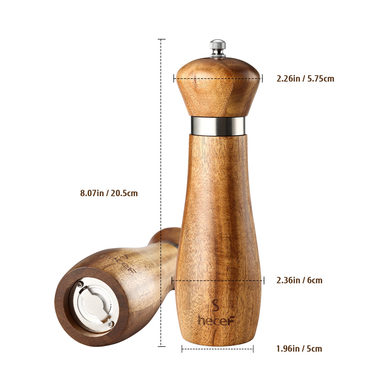 Hecef 2 Pieces Salt and Pepper Mill Set,8 Inches Acacia Wood Salt and Pepper Shaker with Adjustable Ceramic Rotor Custom Coarse, Refillable Spice Mill Pepper Mill - Hecef Kitchen