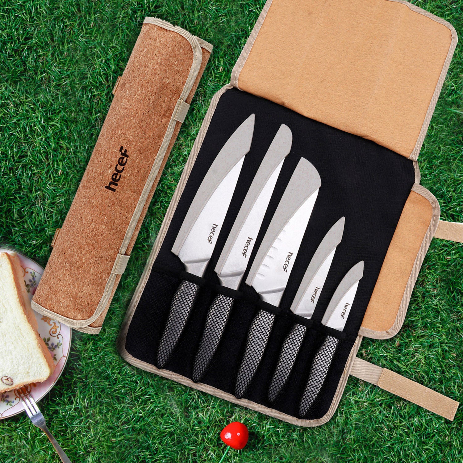 hecef Vintage Style Kitchen Knife Sets,Scratch Resistant Camping Matte Knives with 5 Slots Recycled Oxford Cloth Knife Roll Bag & Covers,Stonewashed High Carbon Stainless Steel Blades & Hollow Handle - Hecef Kitchen