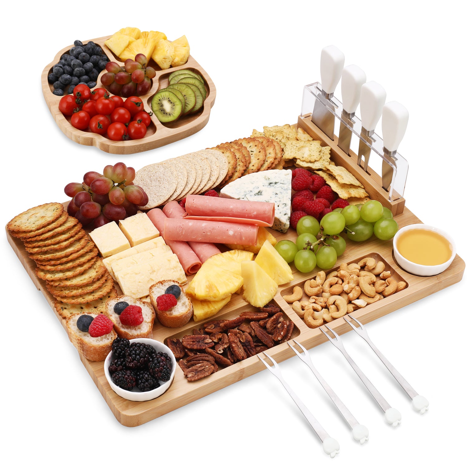 Hecef Lager Charcuterie Board Set of 13, A bamboo Cheese Board & Snack Tray, 2 Ceramic Bowls, 4 Server Forks, 4 Cheese Knives Set, Magnetic Knife Stand, Appetizer Cheese Platter Set Gifts - Hecef Kitchen