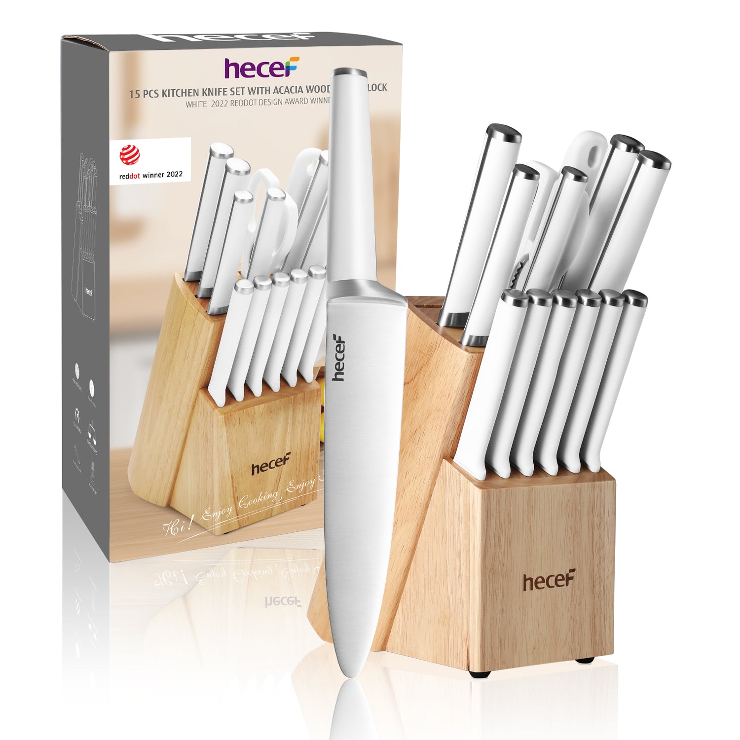 hecef 14 Pieces Knife Set with Block, Rainbow Titanium Knives Set with  Laser Pattern, Martensitic Stainless Steel Chef Knife Set with Sharpener,  Steak