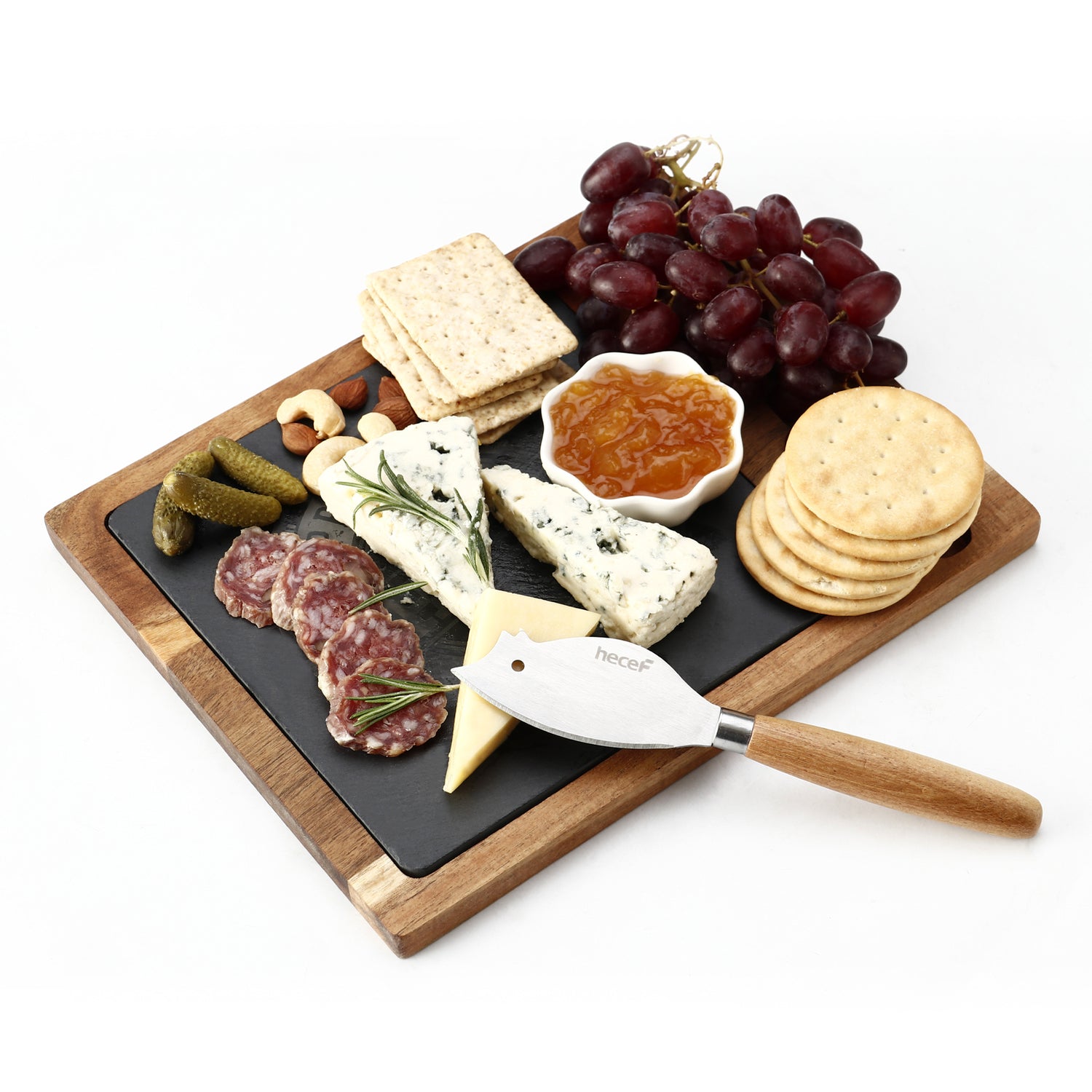 Hecef Acacia Wooden Cheese Board Gift Set with Black Slate & Knife - Hecef Kitchen