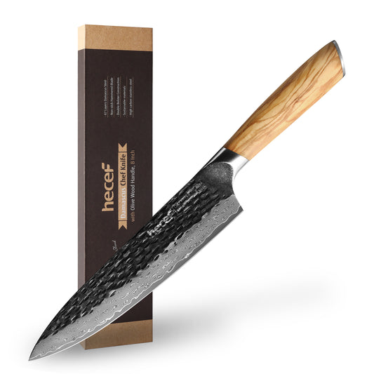 8" Professional Damascus Ultra Sharp Japanese Chef Knife with Ergonomic Olive Wood Handle, High Carbon Stainless Steel Kitchen Cooking Knife, Elegant Gift Box - Hecef Kitchen