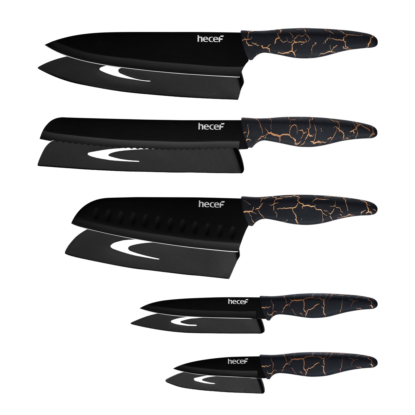 hecef 5 PCS Non-stick Coated Kitchen Knife Set with PP Handle and Protective Sheath, Exclusive Black Chef knife set, Scratch Resistance & Rust Proof (Lightning pattern) - Hecef Kitchen