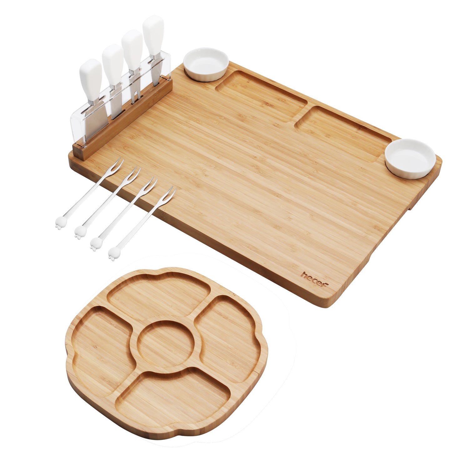 Hecef Lager Charcuterie Board Set of 13, A bamboo Cheese Board & Snack Tray, 2 Ceramic Bowls, 4 Server Forks, 4 Cheese Knives Set, Magnetic Knife Stand, Appetizer Cheese Platter Set Gifts - Hecef Kitchen