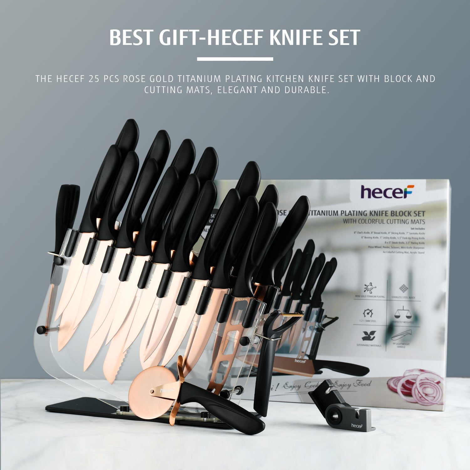 hecef 25 PCS Rose Gold Titanium Plated Kitchen Knife Set with Block and Cutting Mats, Cutlery Knife Set with Sharp Serrated Steak Knives, Boning Knife, Scissors, Sharpener, Peeler and Acrylic Stand - Hecef Kitchen