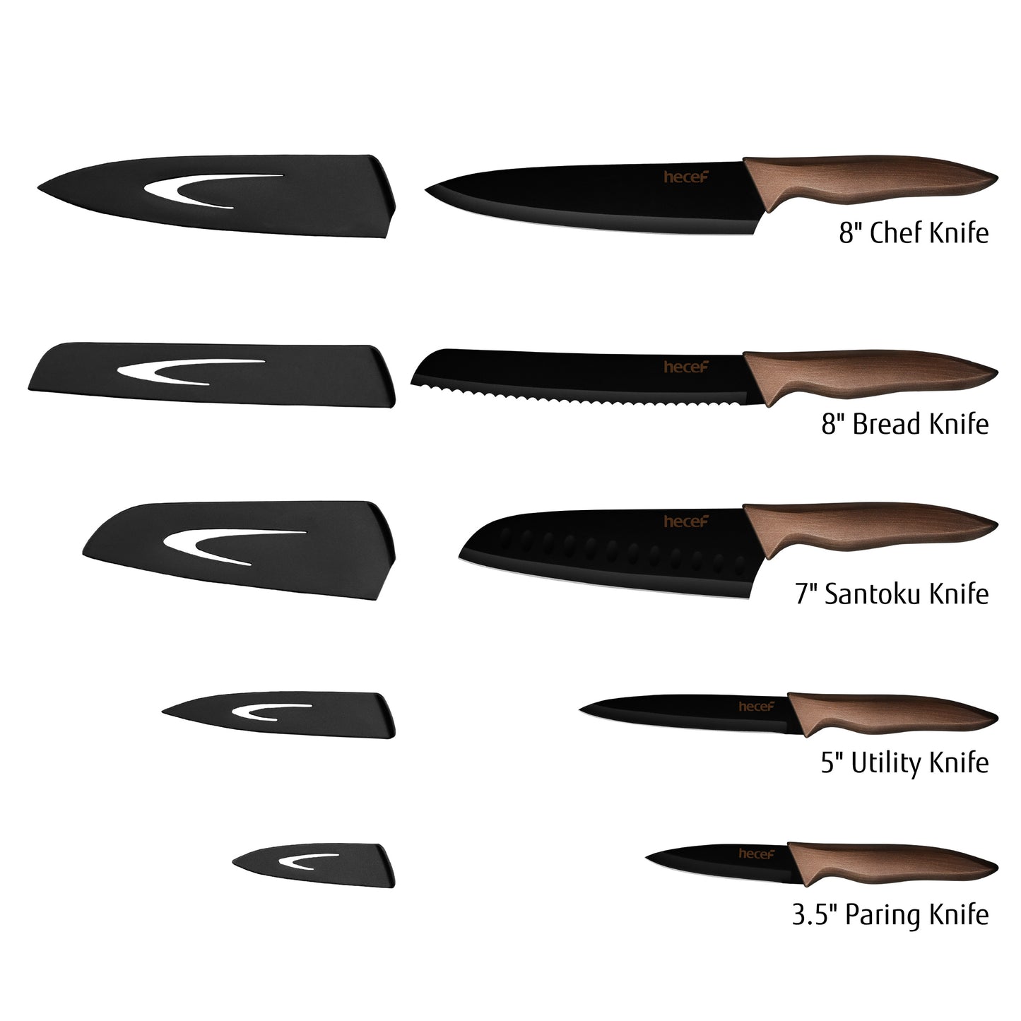 Hecef Kitchen Retro Black Bronze Knife Set of 5 with Knife Sheaths - Hecef Kitchen
