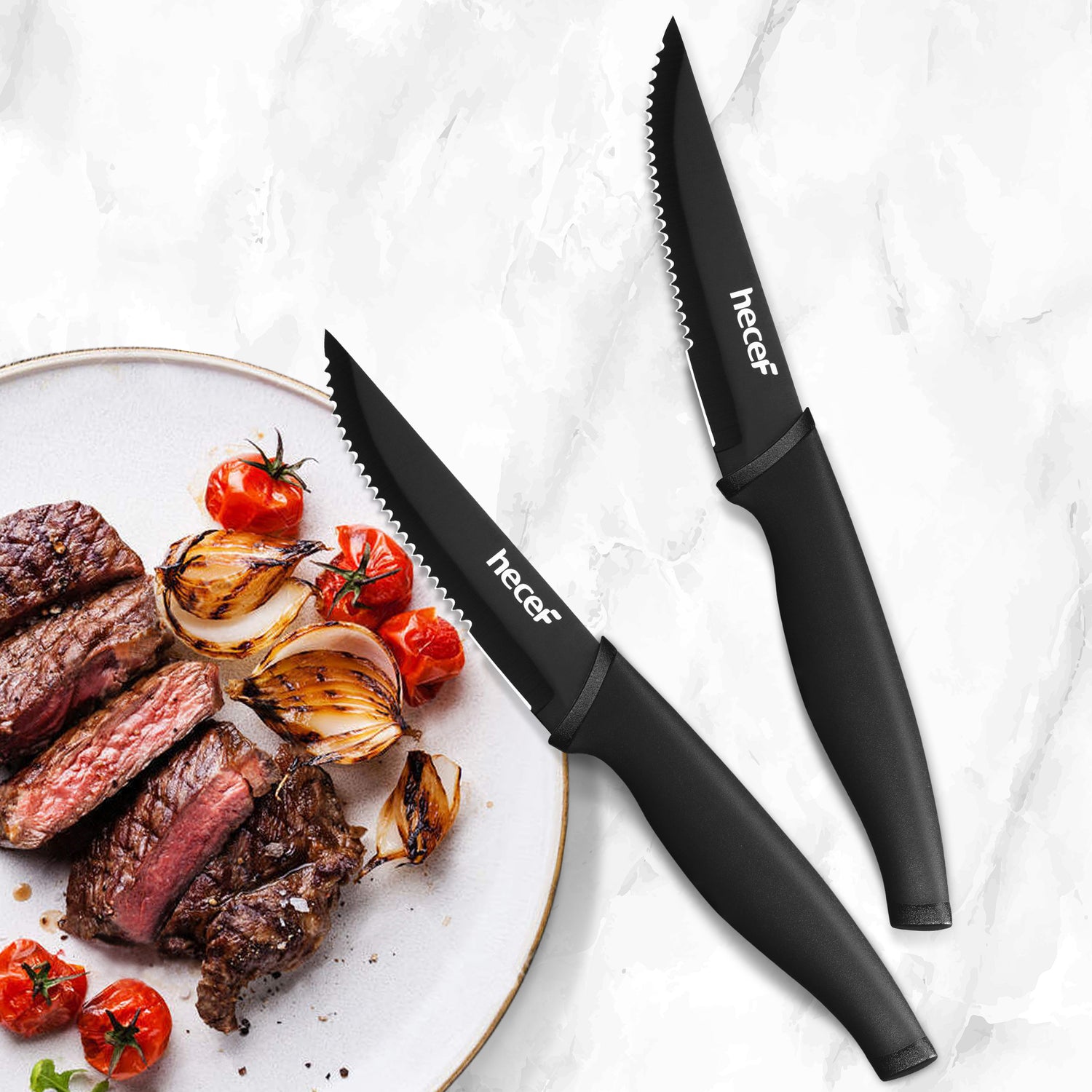Hecef Black Oxide Steak Knives Set of 8, Dishwasher Safe High Carbon Stainless Steel Serrated Knives - Hecef Kitchen