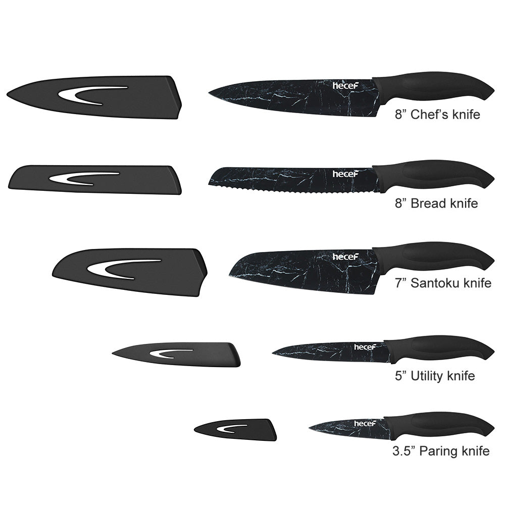 Hecef Kitchen Black Marble Patterned Knife Set of 5 with Knife Sheaths - Hecef Kitchen