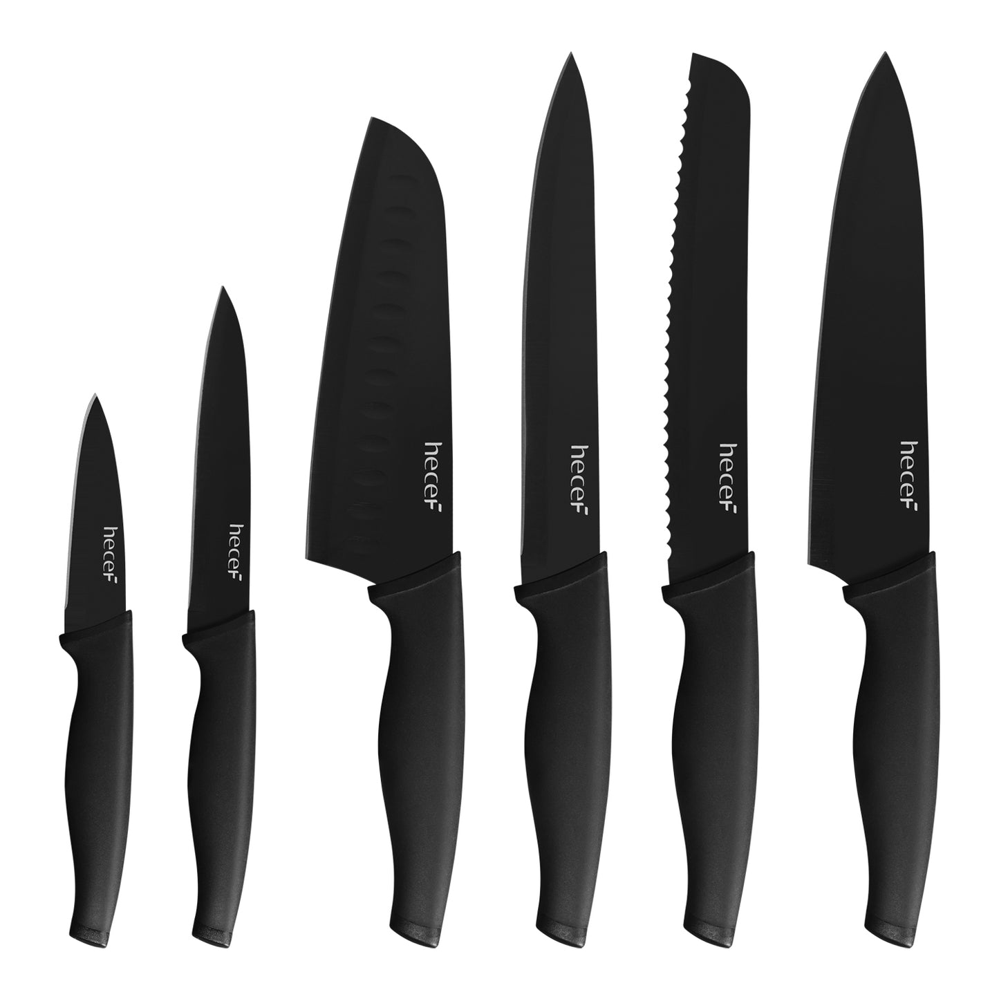 Hecef Black Oxide Knife Set of 6 with Matching Blade Protective Sheath, Black Kitchen Knife Set, Scratch Resistant & Rust Proof, Hard Stainless Steel, Non Stick Black Color Coating Blade Knives - Hecef Kitchen