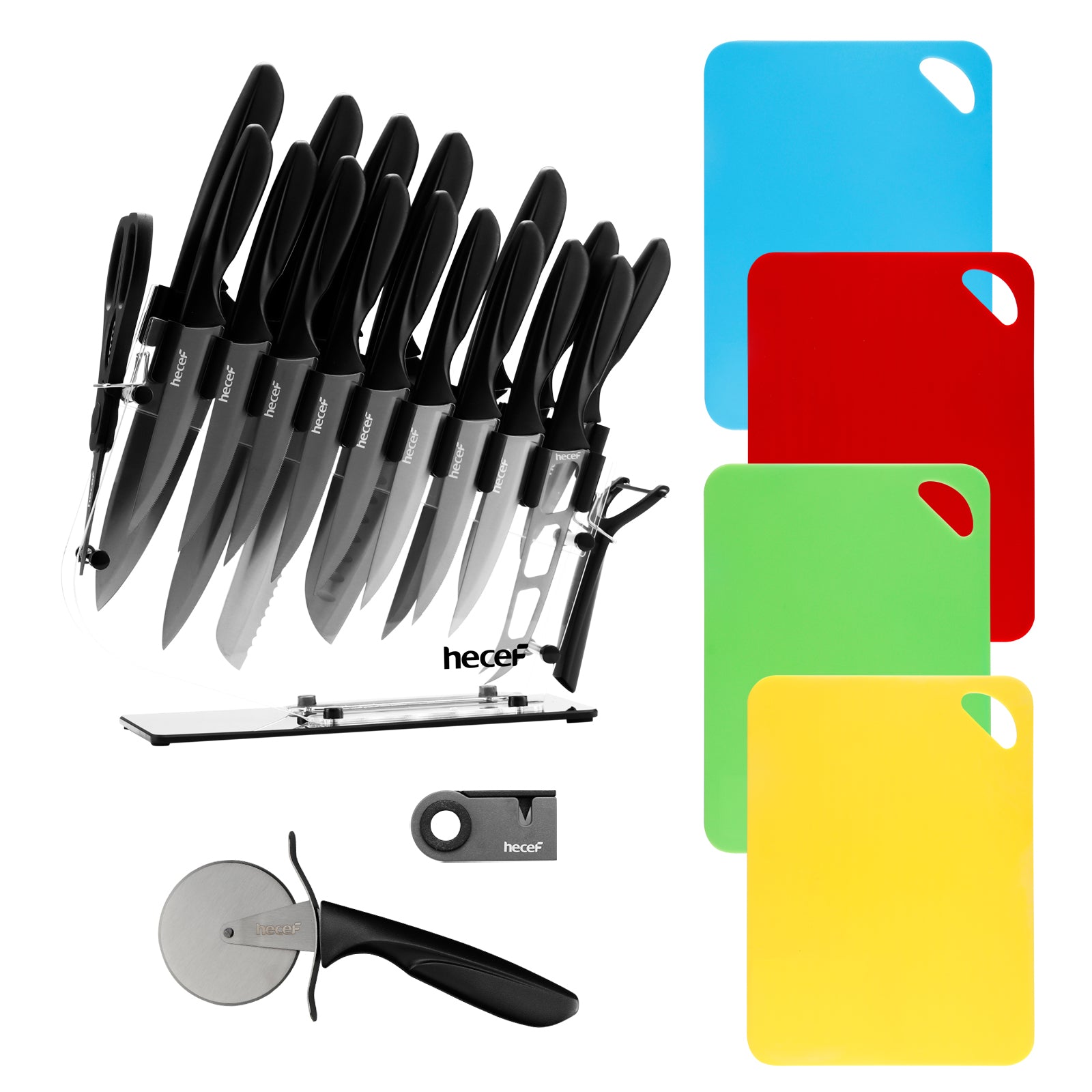 Hecef 25 PCS Kitchen Knife Set with Acrylic Stand Serrated Steak Knives  Cutting Boards, Titanium Plated Anti-Rusting Chef Knife