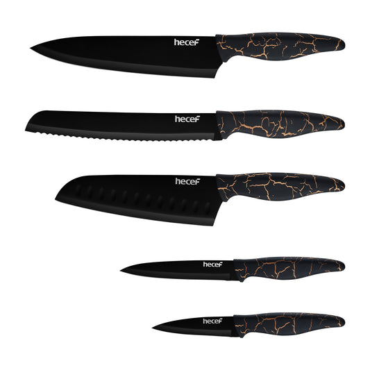 hecef 5 PCS Non-stick Coated Kitchen Knife Set with PP Handle and Protective Sheath, Exclusive Black Chef knife set, Scratch Resistance & Rust Proof (Lightning pattern) - Hecef Kitchen