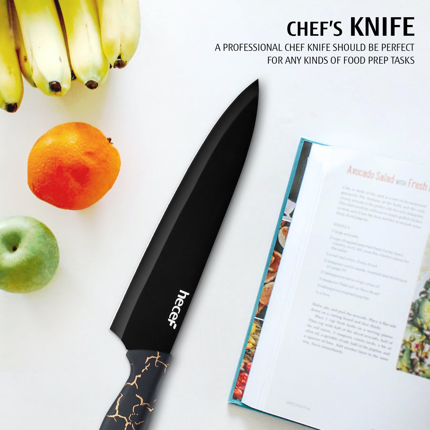 hecef 5 PCS Non-stick Coated Kitchen Knife Set with PP Handle and Protective Sheath, Exclusive Black Chef knife set, Scratch Resistance & Rust Proof (Lightning pattern) - Hecef Kitchen
