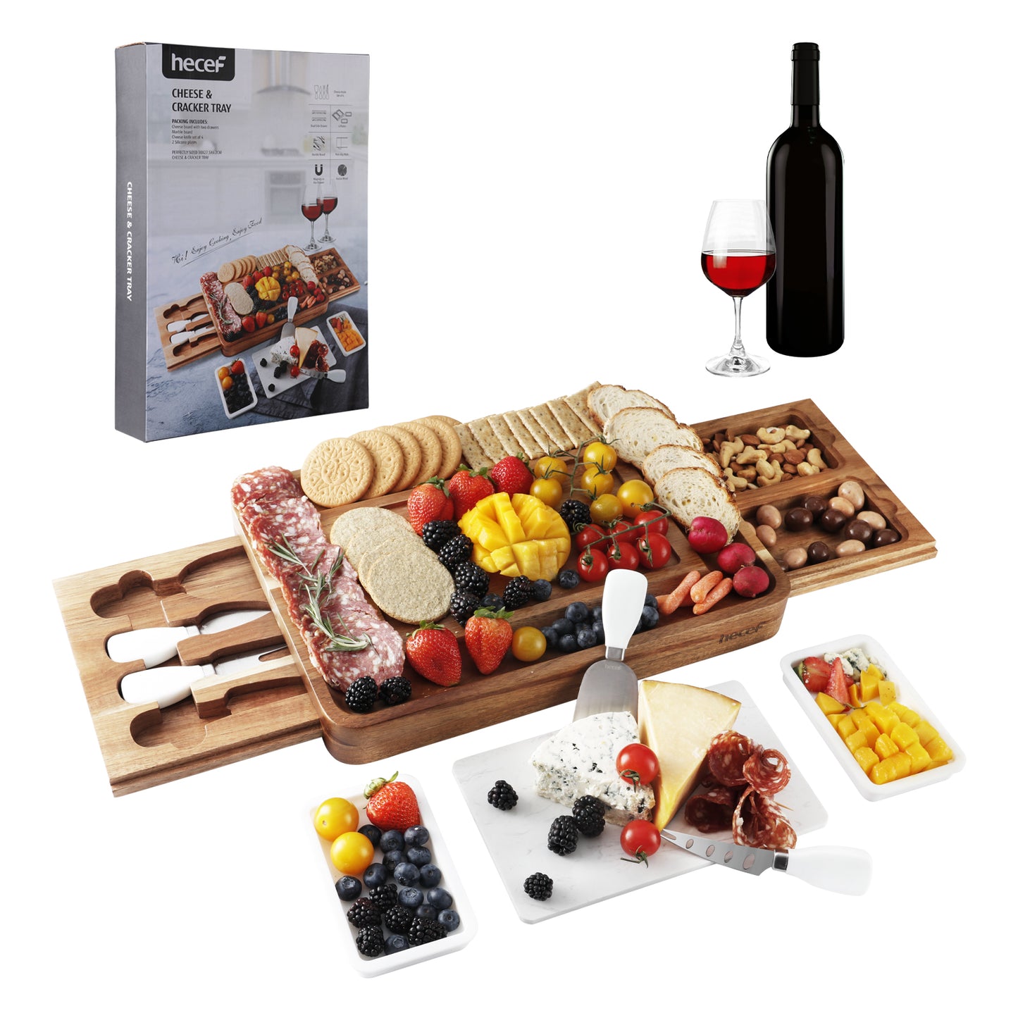 Unique Bamboo Charcuterie Board, Cheese Platter & Serving Tray Including 4 Stainless Steel Knife & Thick Wooden Server - Fancy House Warming Gift & Perfect Choice for Gourmets: Cheese Servers