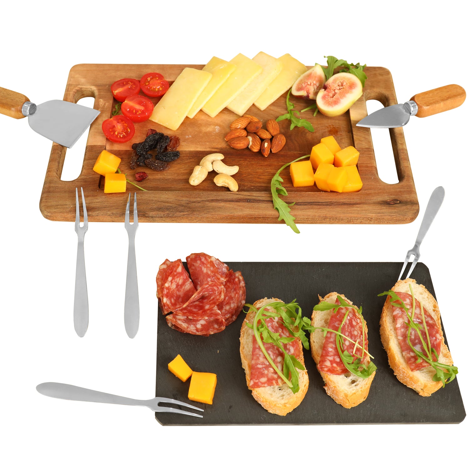Hecef 13" Acacia Wood Cheese Board, Charcuterie Serving Platter with Black Slate, Cheese Tools for Housewarming Party Gift - Hecef Kitchen
