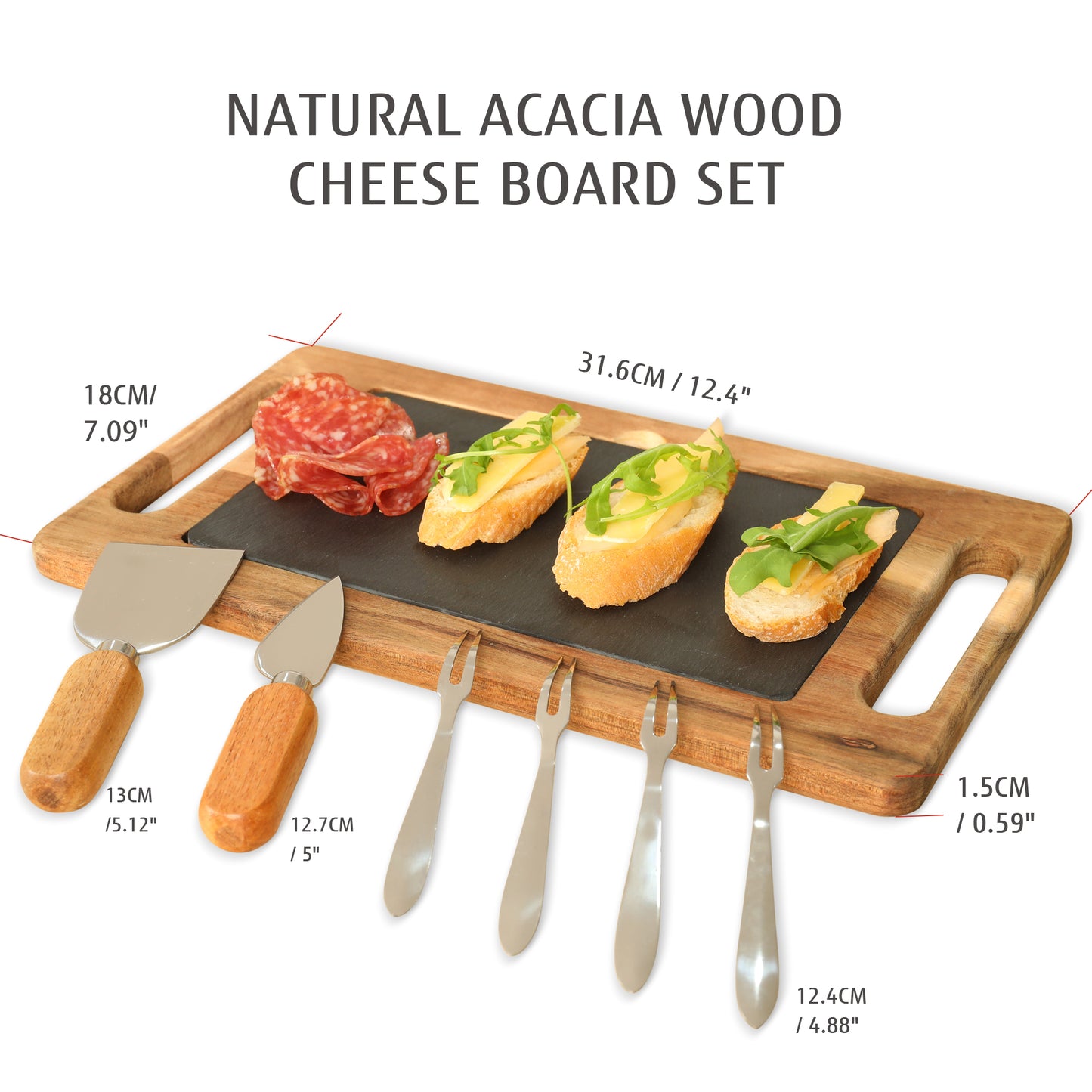 Hecef 13" Acacia Wood Cheese Board, Charcuterie Serving Platter with Black Slate, Cheese Tools for Housewarming Party Gift - Hecef Kitchen