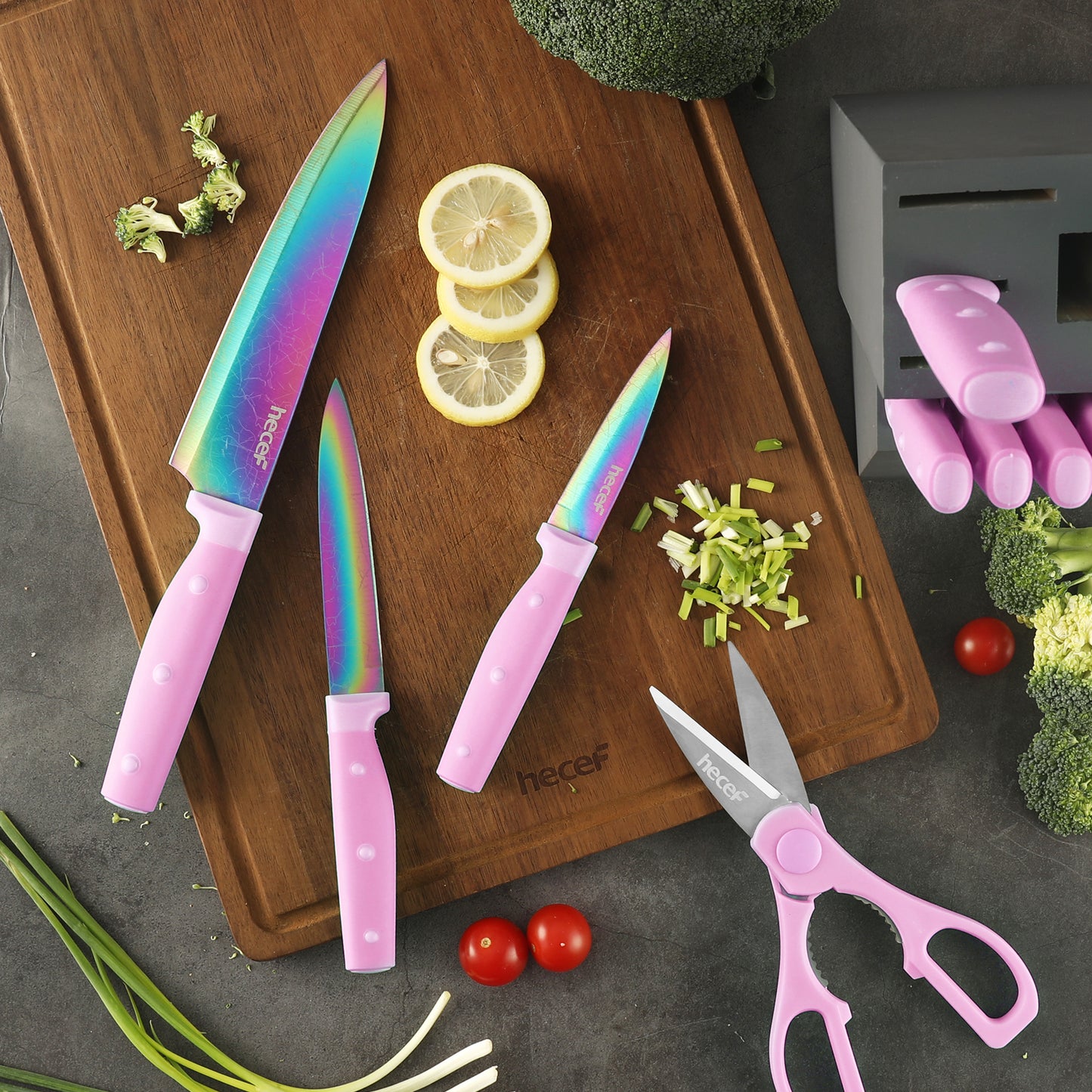 hecef 14 Pieces Knife Set with Block, Rainbow Titanium Knives Set with Laser Pattern, Martensitic Stainless Steel Chef Knife Set with Sharpener, Steak Knife, Scissors(Green) - Hecef Kitchen