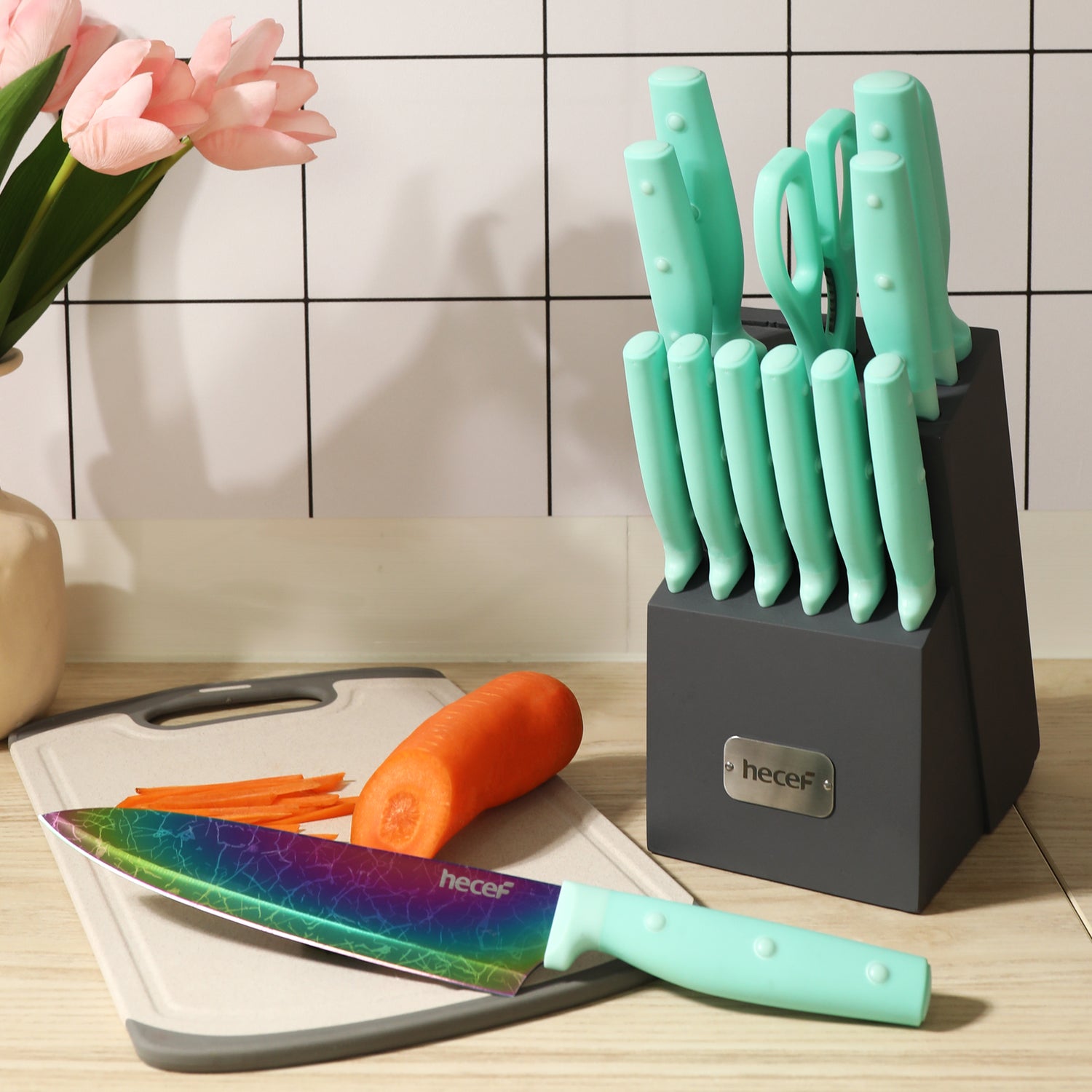 Dishwasher Safe Kya25 Rainbow Titanium Knife Block Set, Kitchen Knives Set with Block, Kitchen Scissor, Cutlery Block Knife Sets