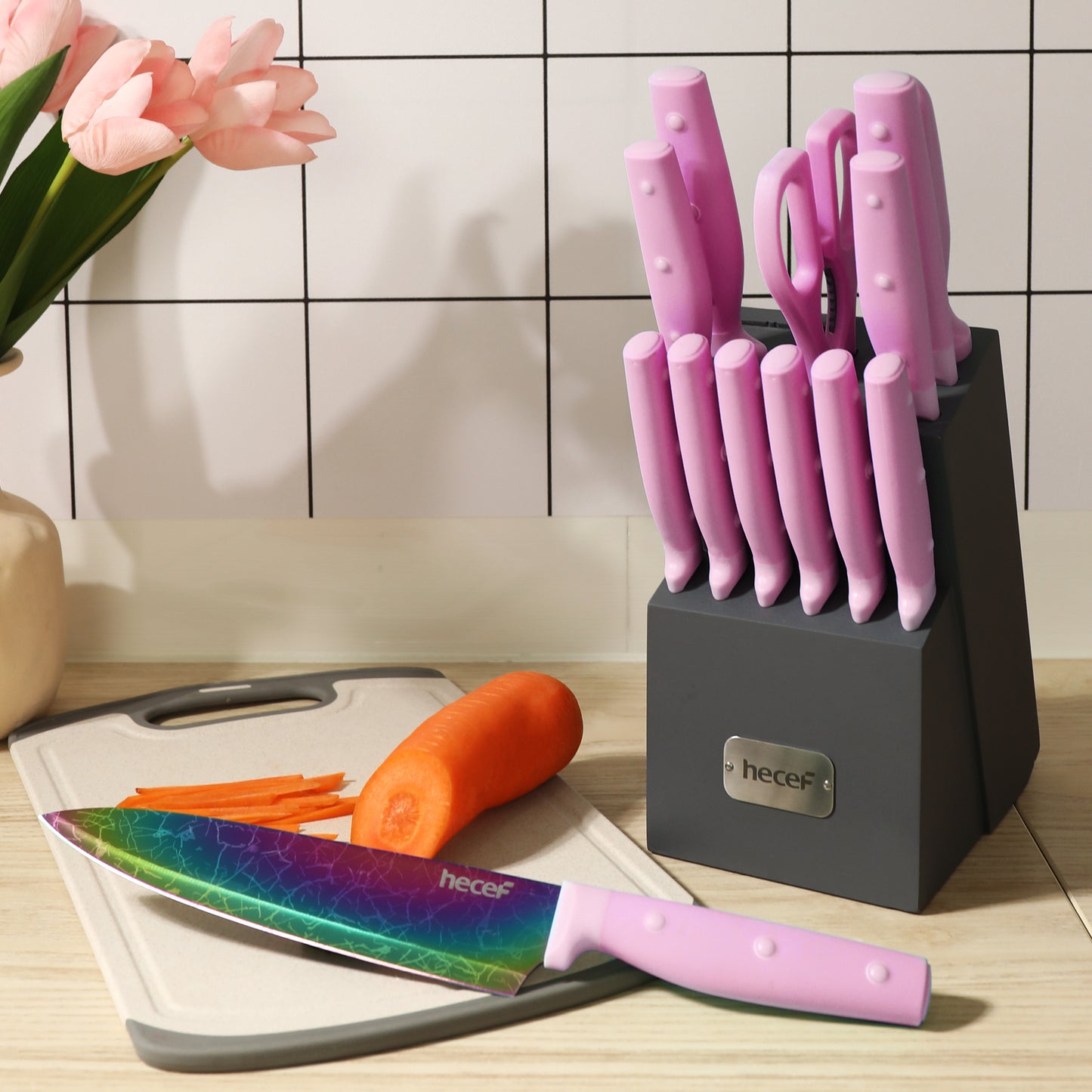 Hecef 14 Pieces Knife Set with Block, Rainbow Titanium Knives Set