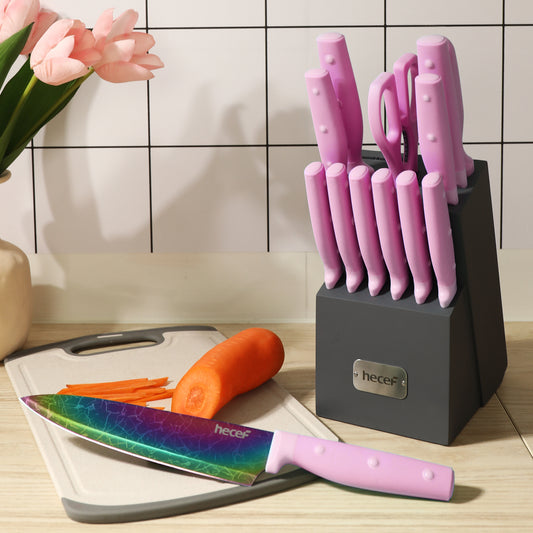 hecef 14 Pieces Knife Set with Block, Rainbow Titanium Knives Set with Laser Pattern, Martensitic Stainless Steel Chef Knife Set with Sharpener, Steak Knife, Scissors(Green) - Hecef Kitchen