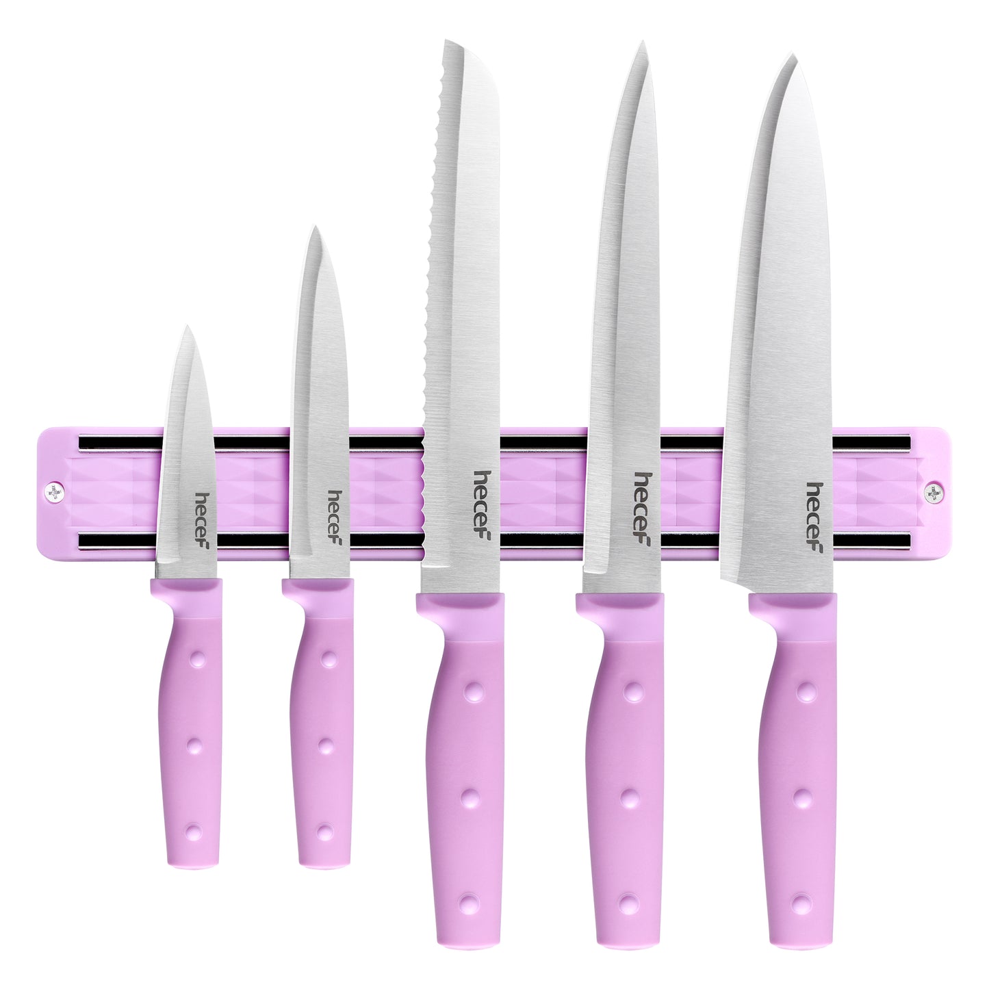 Hecef 6Pcs Kitchen Knife Set with Magnetic Strip,Professional Knives Set for Kitchen, 13-inch Magnetic Strip Stainless Steel Sharp Chef Knife Set with Purple Handle for Cutting Meat & Vegetable - Hecef Kitchen