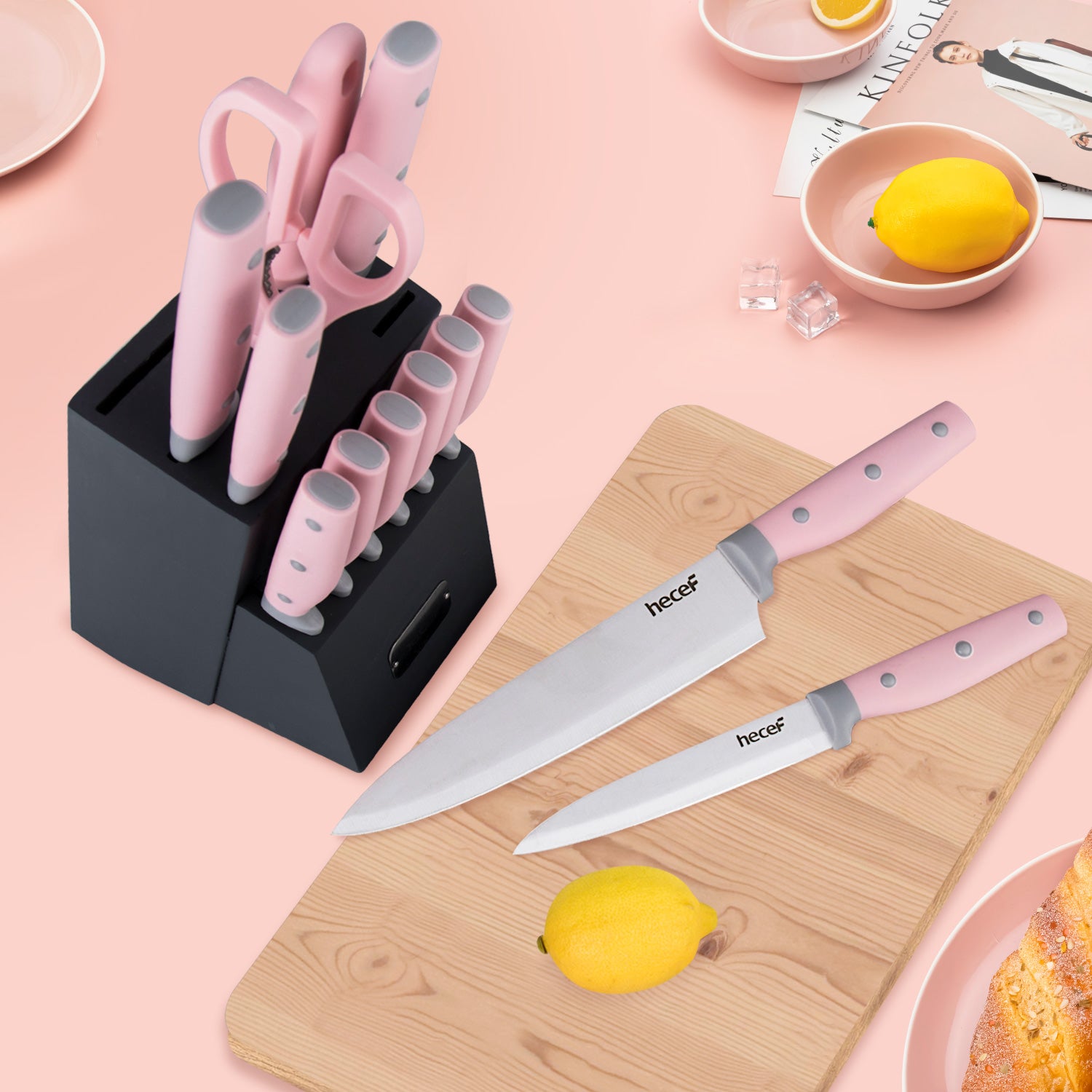  hecef Yellow Combo, 5 Pcs Cute Kitchen Knife Block Set with  Wooden Block Yellow, 32 PCS Silicone Cooking Utensils Set Yellow: Home &  Kitchen
