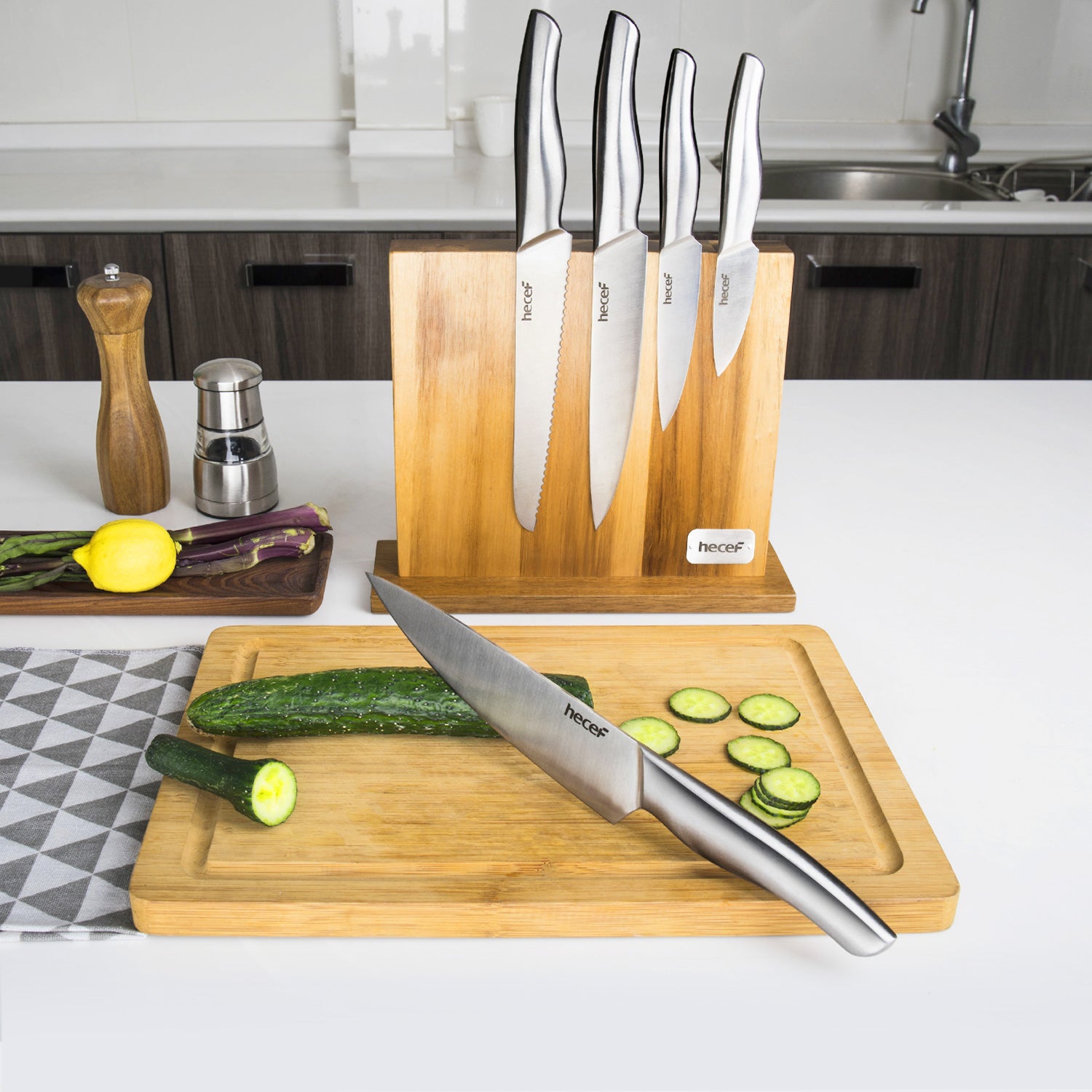 Hecef Kitchen All-Metal Knife Set of 6 with Wooden Magnetic Knife Block - Hecef Kitchen