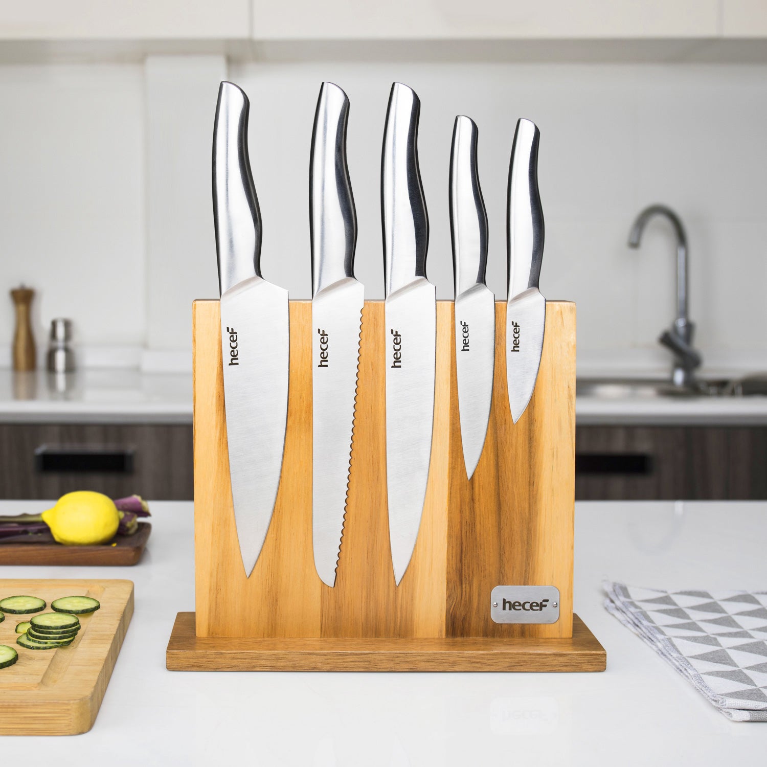 Hecef 6 Piece Kitchen Knife Block Set,All Metal Construction Hollow Handle  Tapper Ground Knives & Double Sided Magnet Wood Knife Block (Silver)