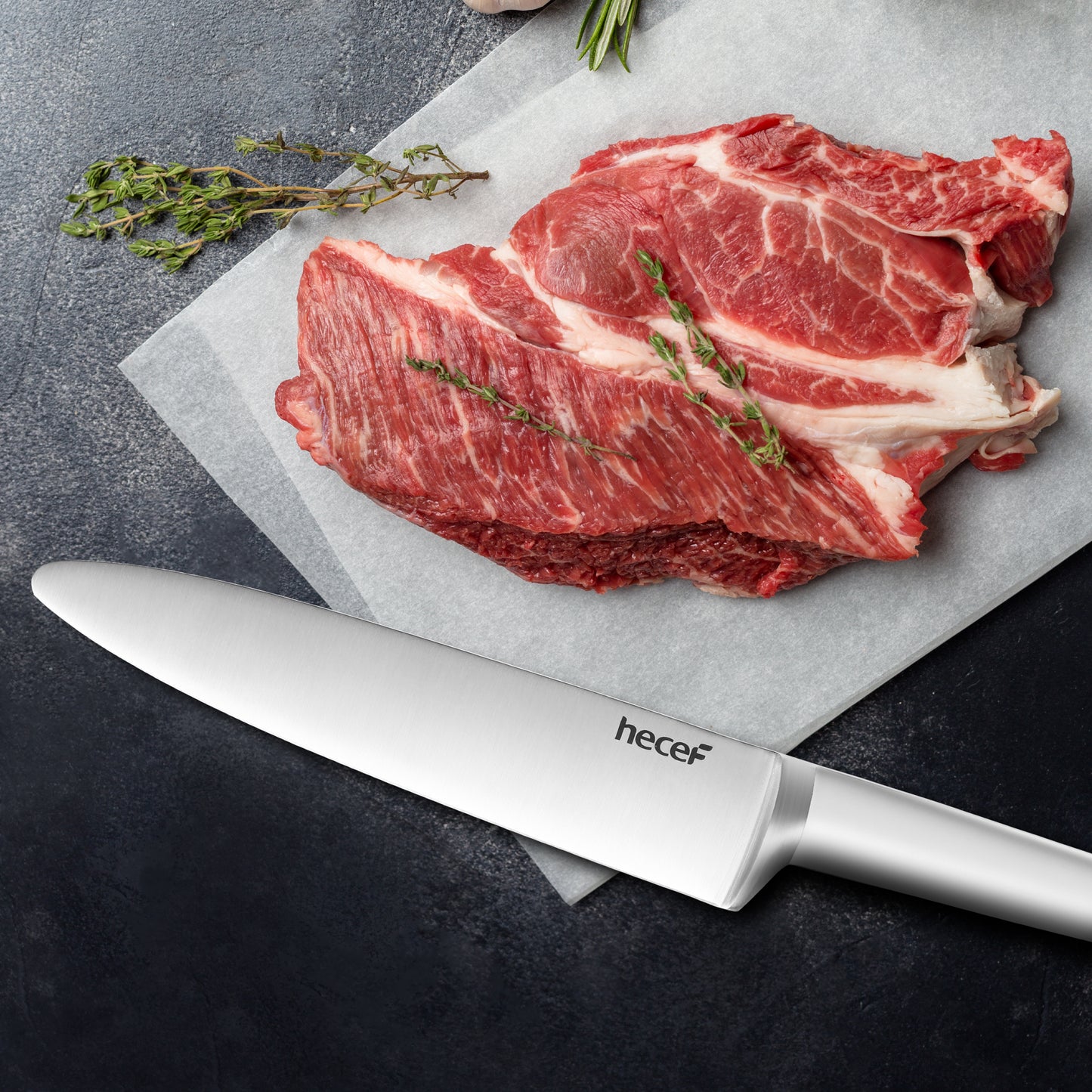 Hecef 15 PCS White Kitchen Knife Set with Wooden Block, Stainless Steel Ultra Sharp Kitchen Knife Set with 6 PCS Steak Knives, Meat Scissors, Sharpener Steel, Red Dot Design Award Winner 2022 - Hecef Kitchen