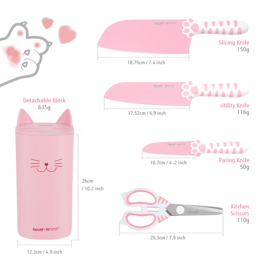 hecef Cute Kitchen Knife Set,5-piece Non-Stcik Knives Set with Detachable Block and Scissors,Sharp Kitchen Knives for Chopping, Slicing, Dicing and Cutting - Hecef Kitchen