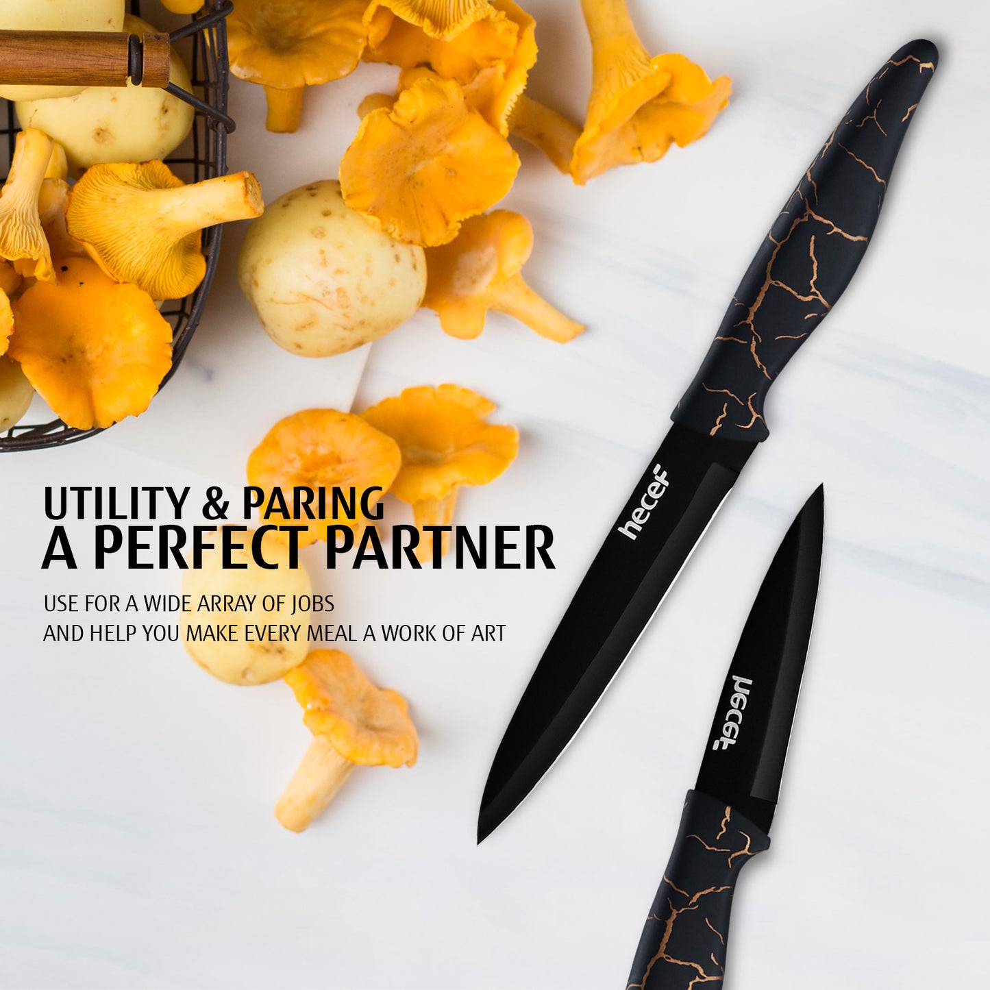 hecef 5 PCS Non-stick Coated Kitchen Knife Set with PP Handle and Protective Sheath, Exclusive Black Chef knife set, Scratch Resistance & Rust Proof (Lightning pattern) - Hecef Kitchen
